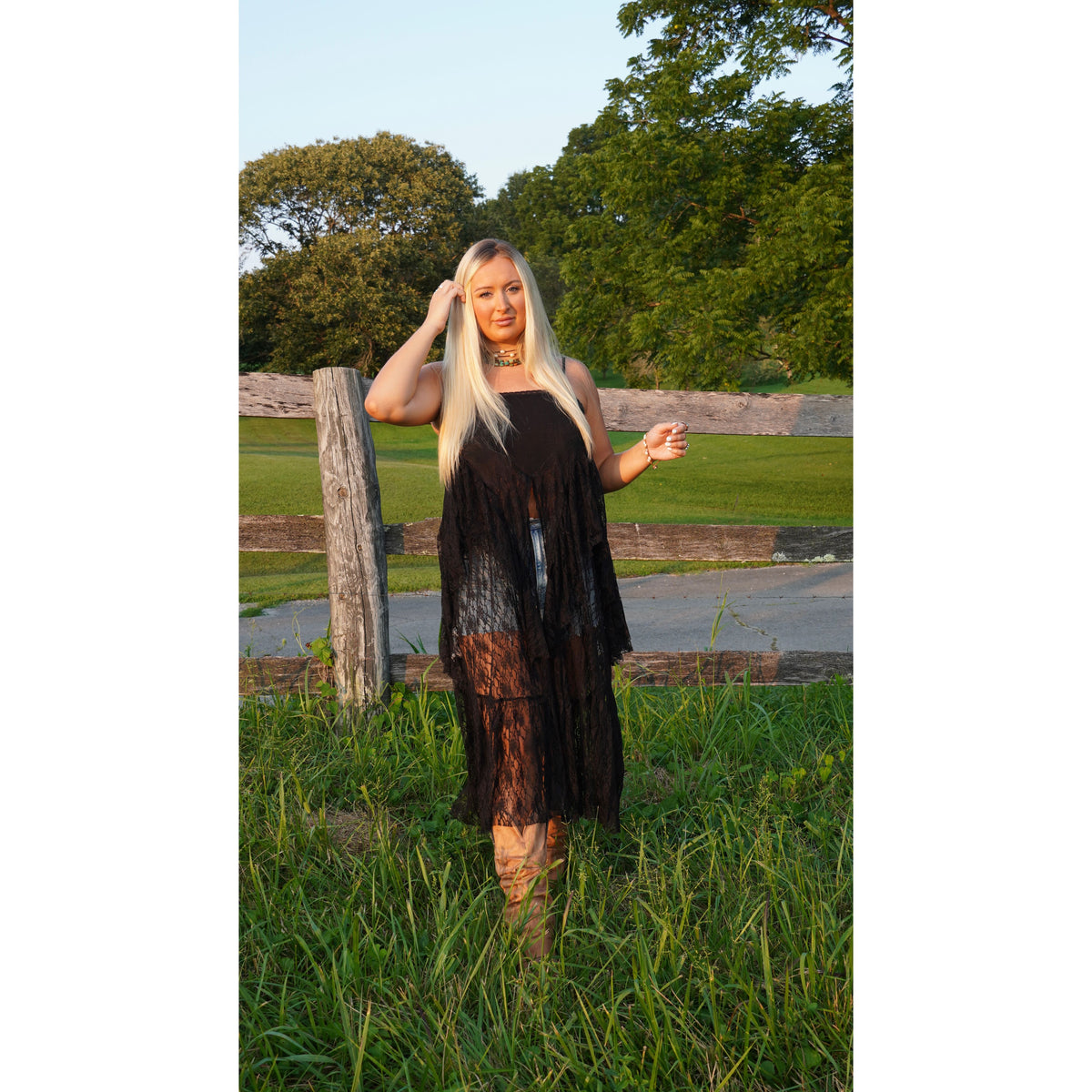 Black Ruffled Lace Flyaway Maxi Cami Top