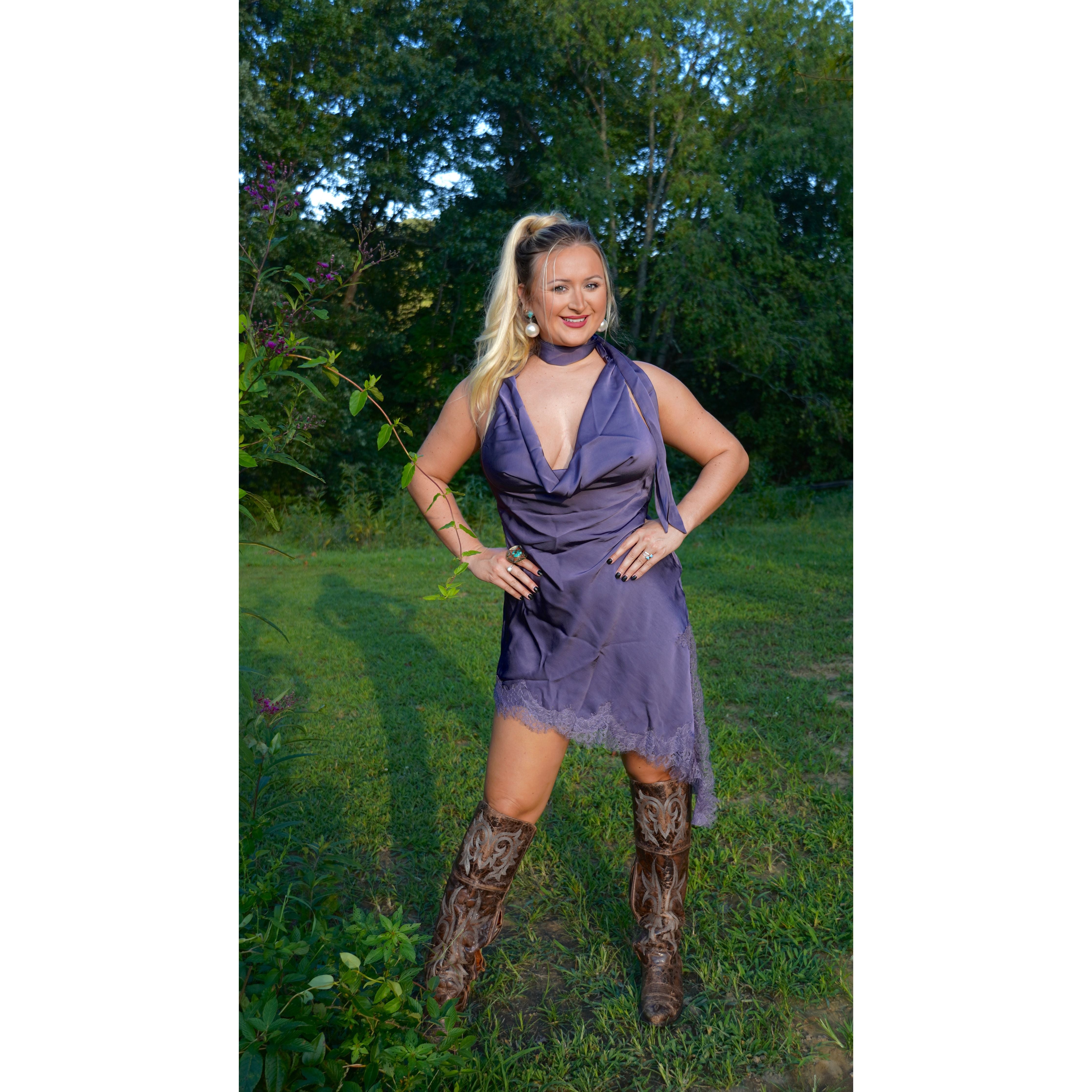 Purple Satin Lace Trim Scarf Dress