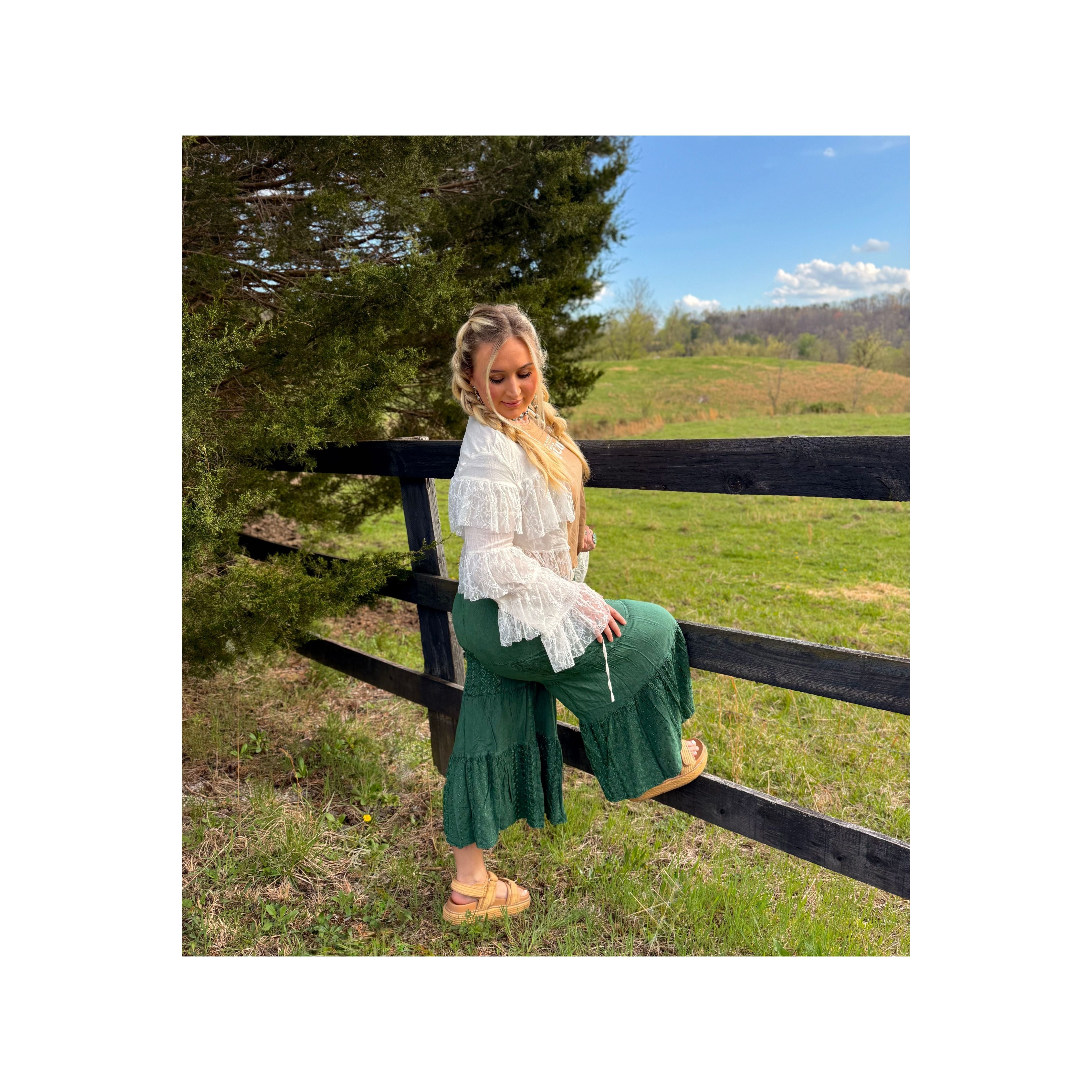 Green Embroidered Tiered Flared Pants