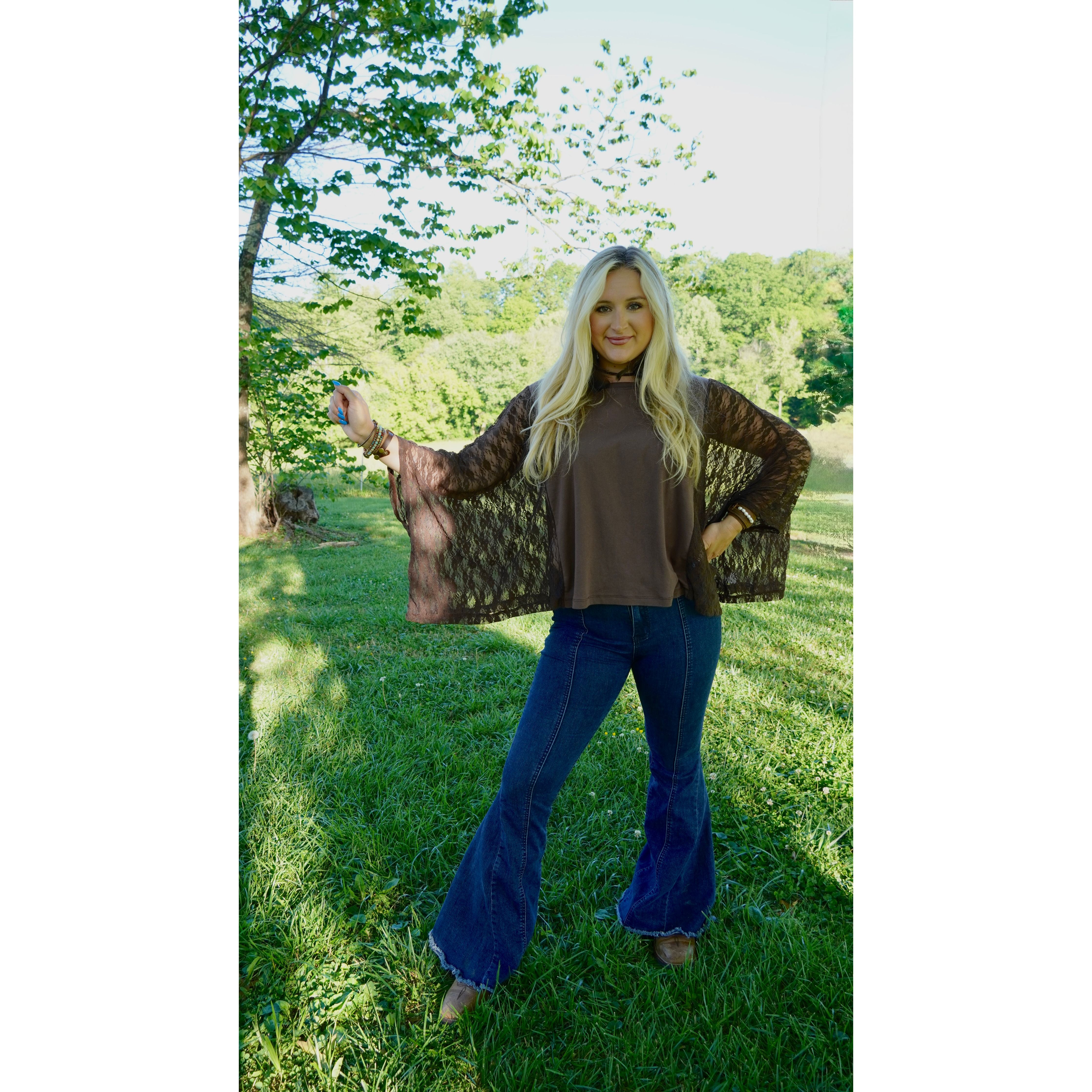 Lace Flowy Sleeve Chocolate Top