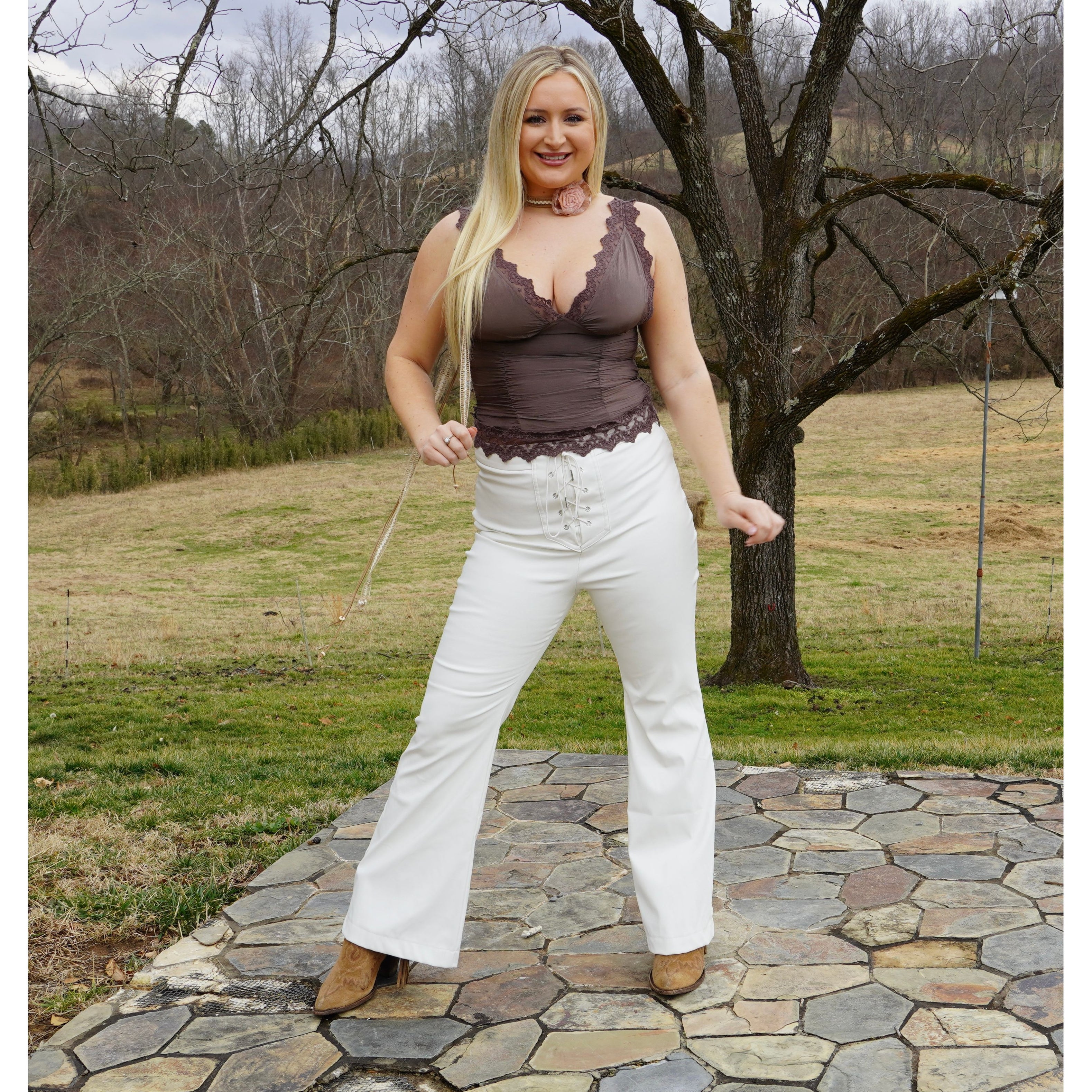 Chocolate Brown Lace Ruched Tank