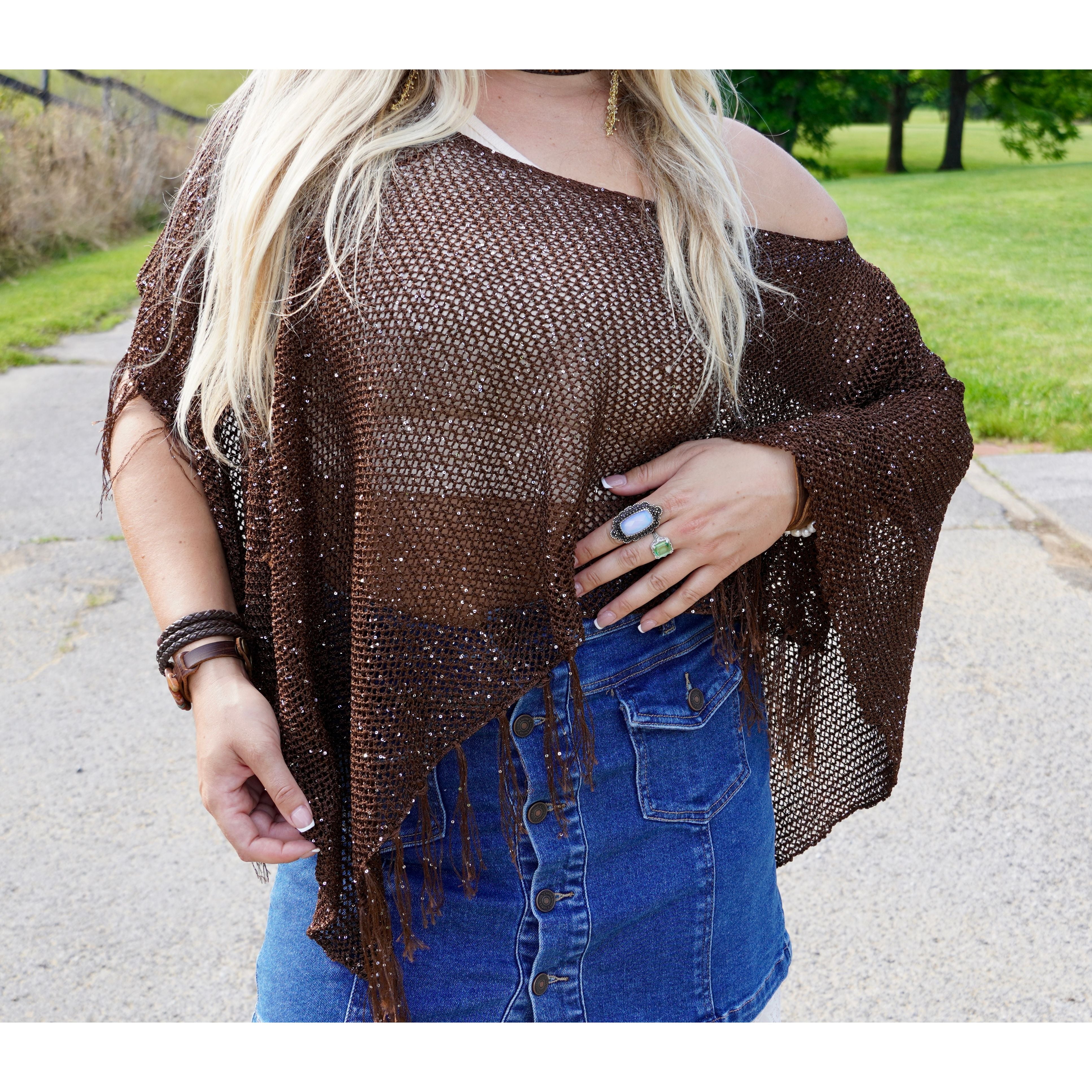 Brown Sequin Tassel Poncho