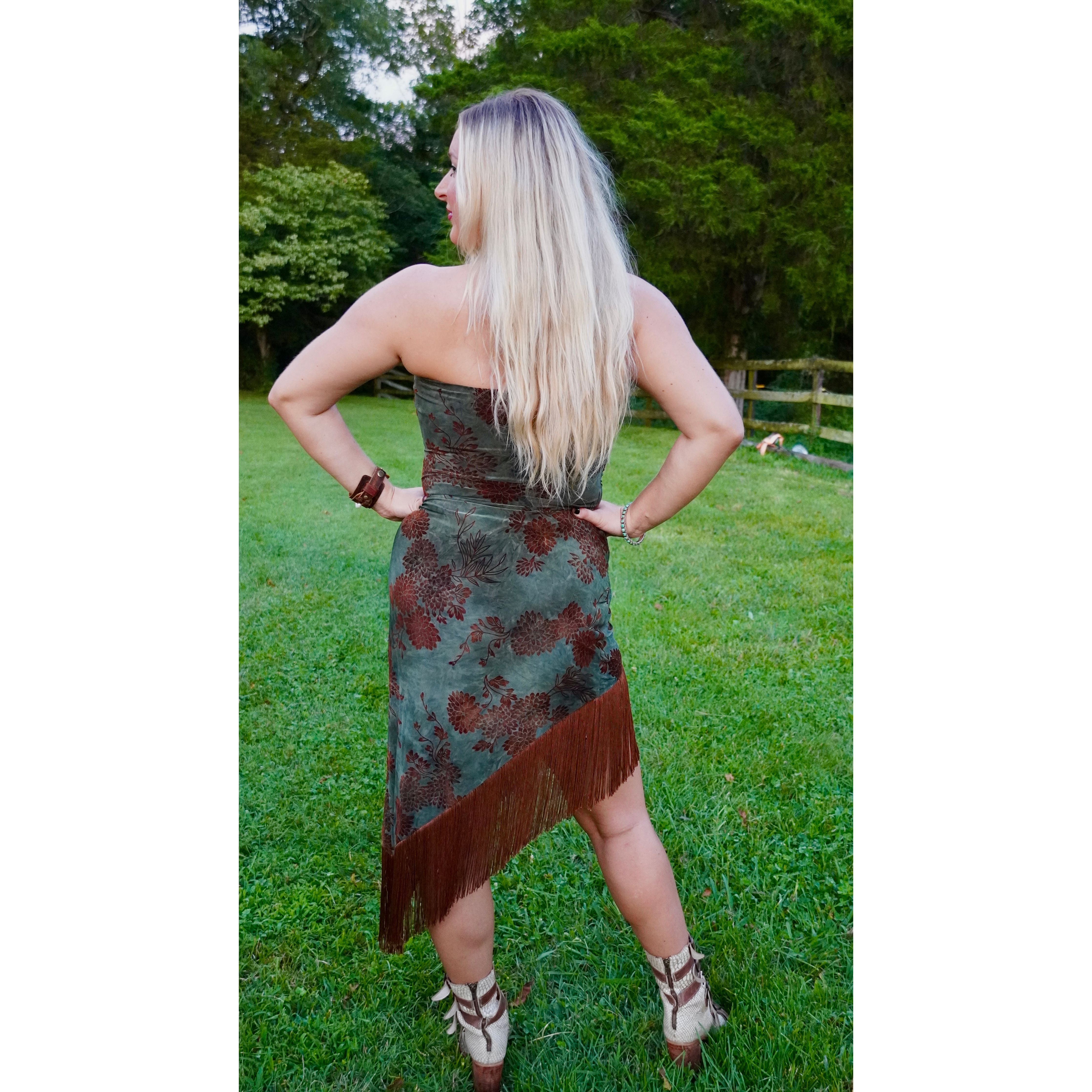 Strapless Asymmetrical Green Floral Velvet Fringe Dress