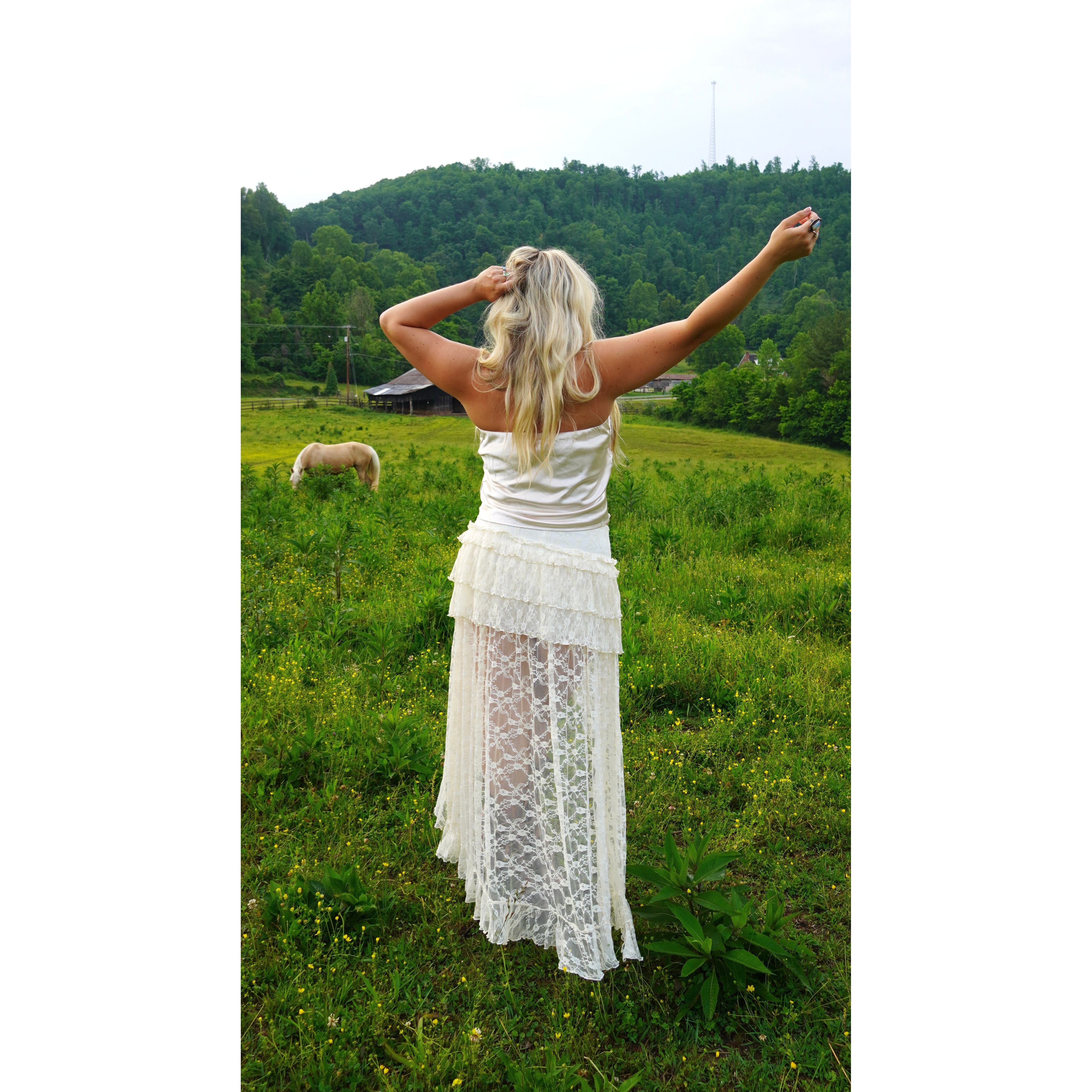 Cream Lace Ruffle Tiered High-Low Maxi Skirt