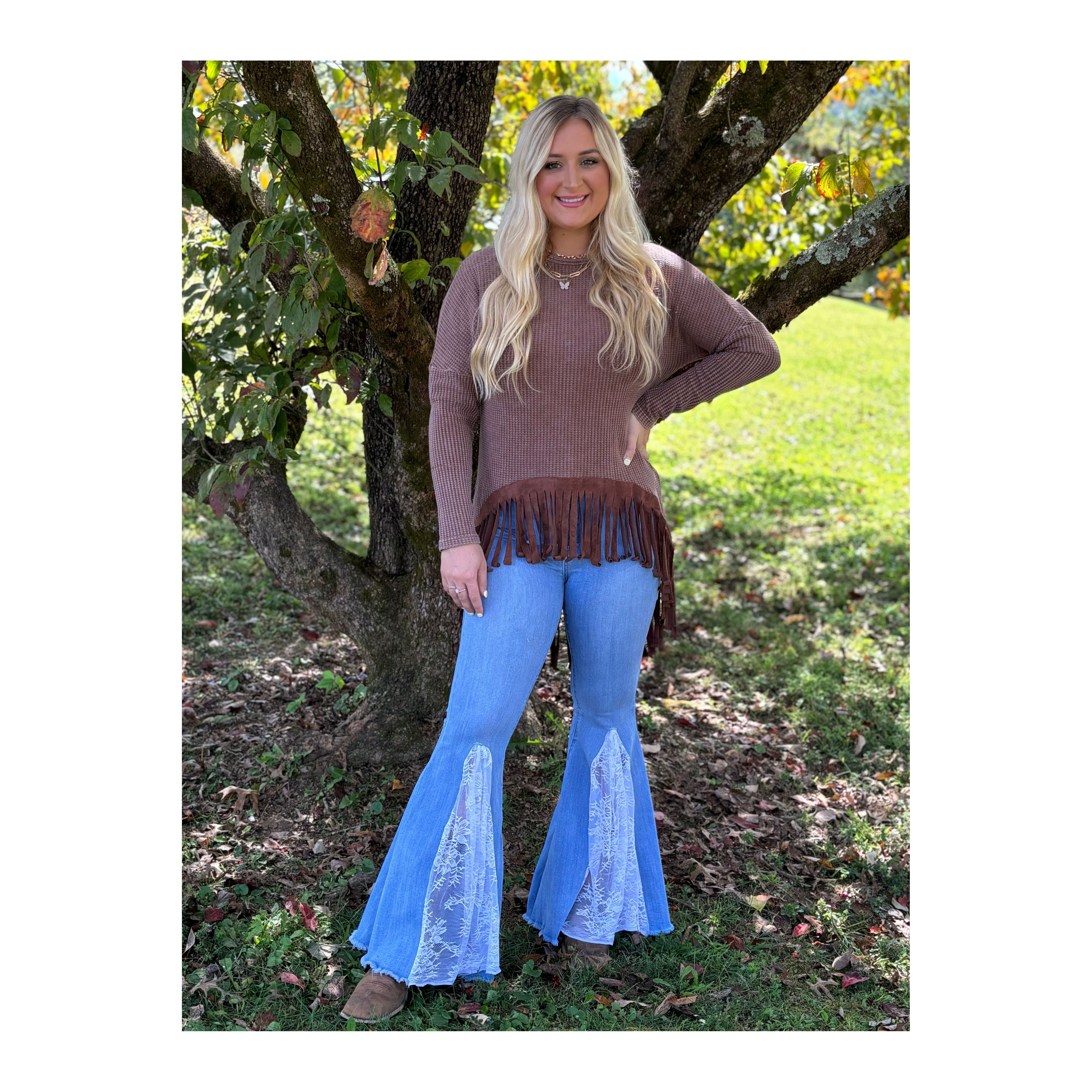 Waffle Knit Fringe High Low Chocolate Brown Top