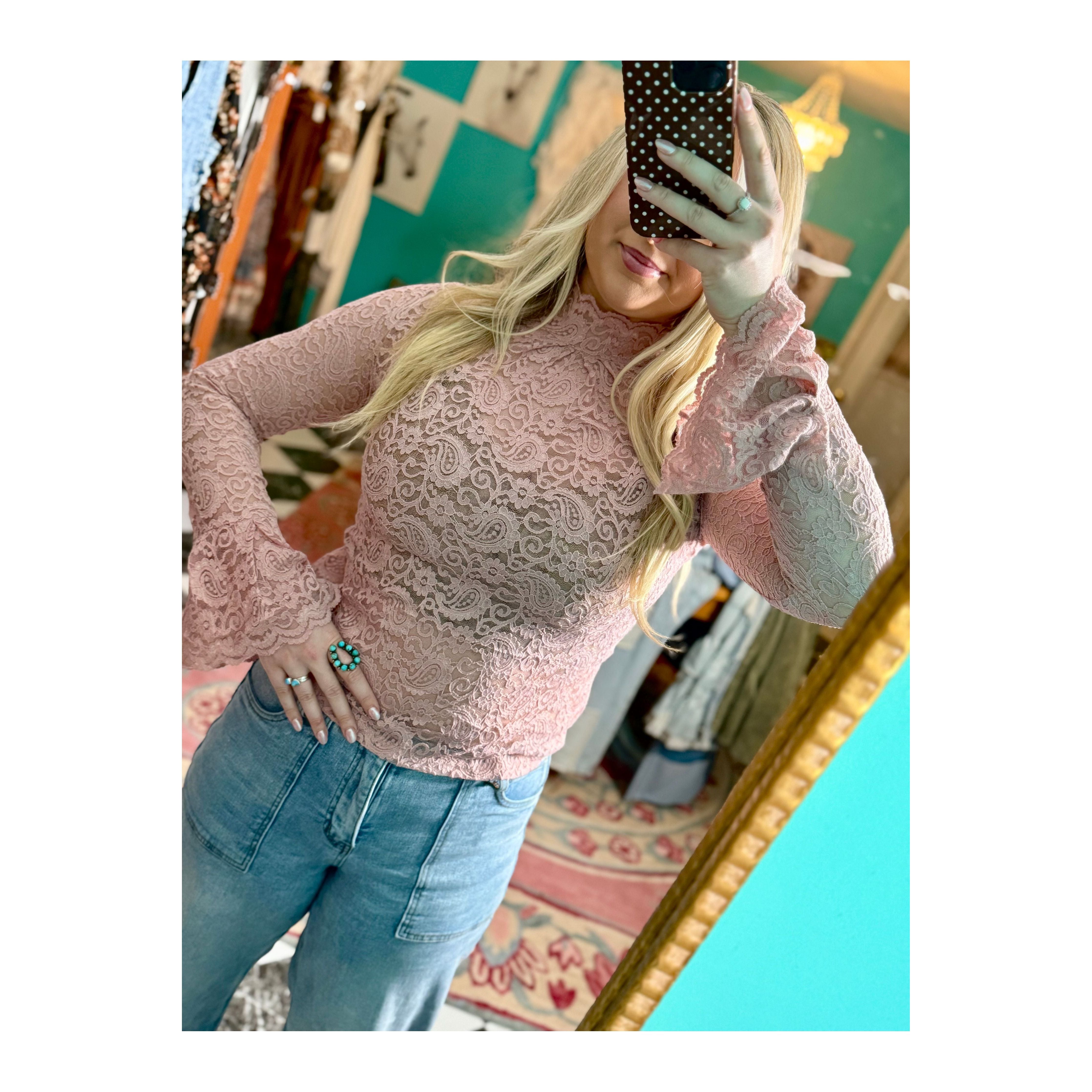 Pink Lace Bell Sleeve Layering Top