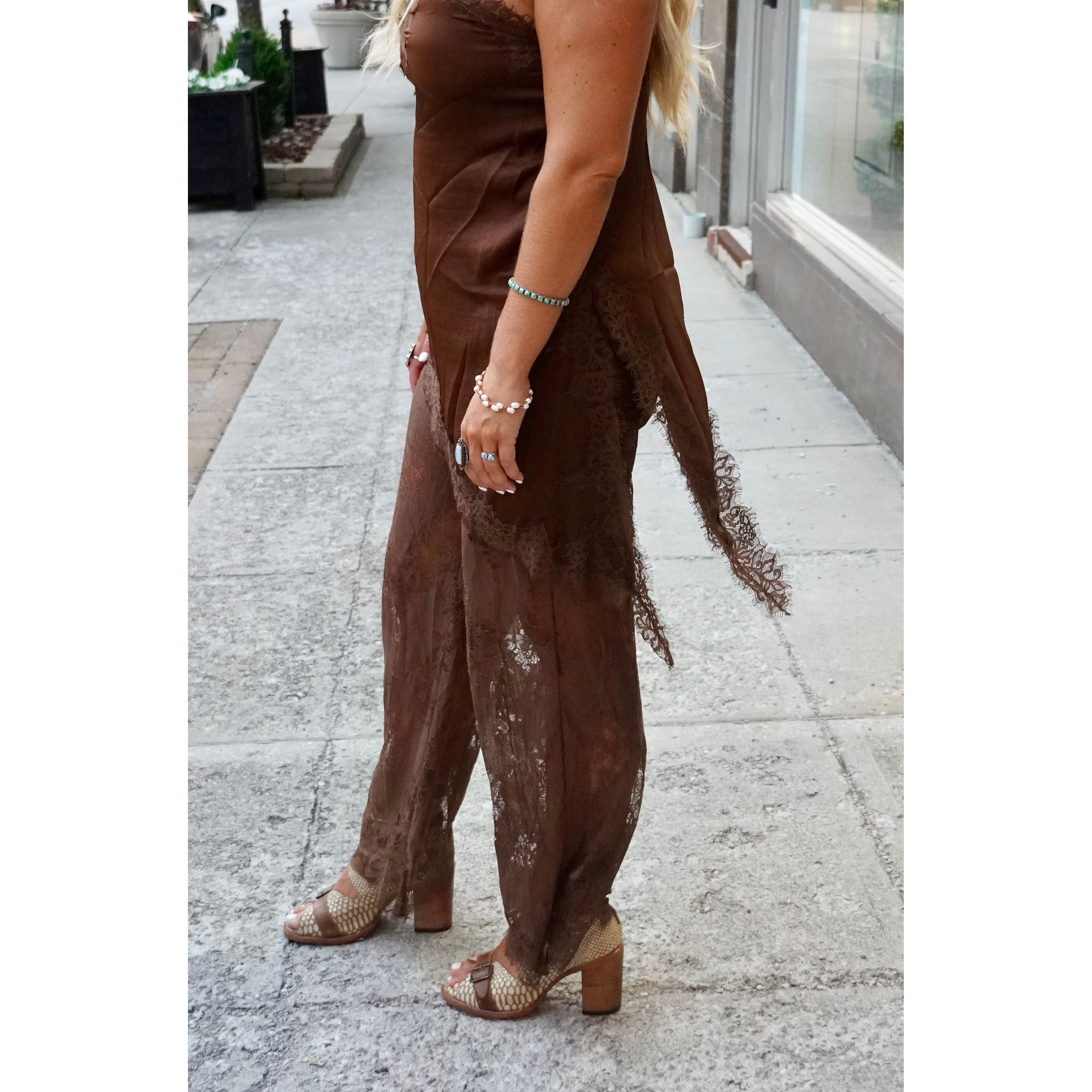 Chocolate Satin Lace Trim Cami and Pants Set