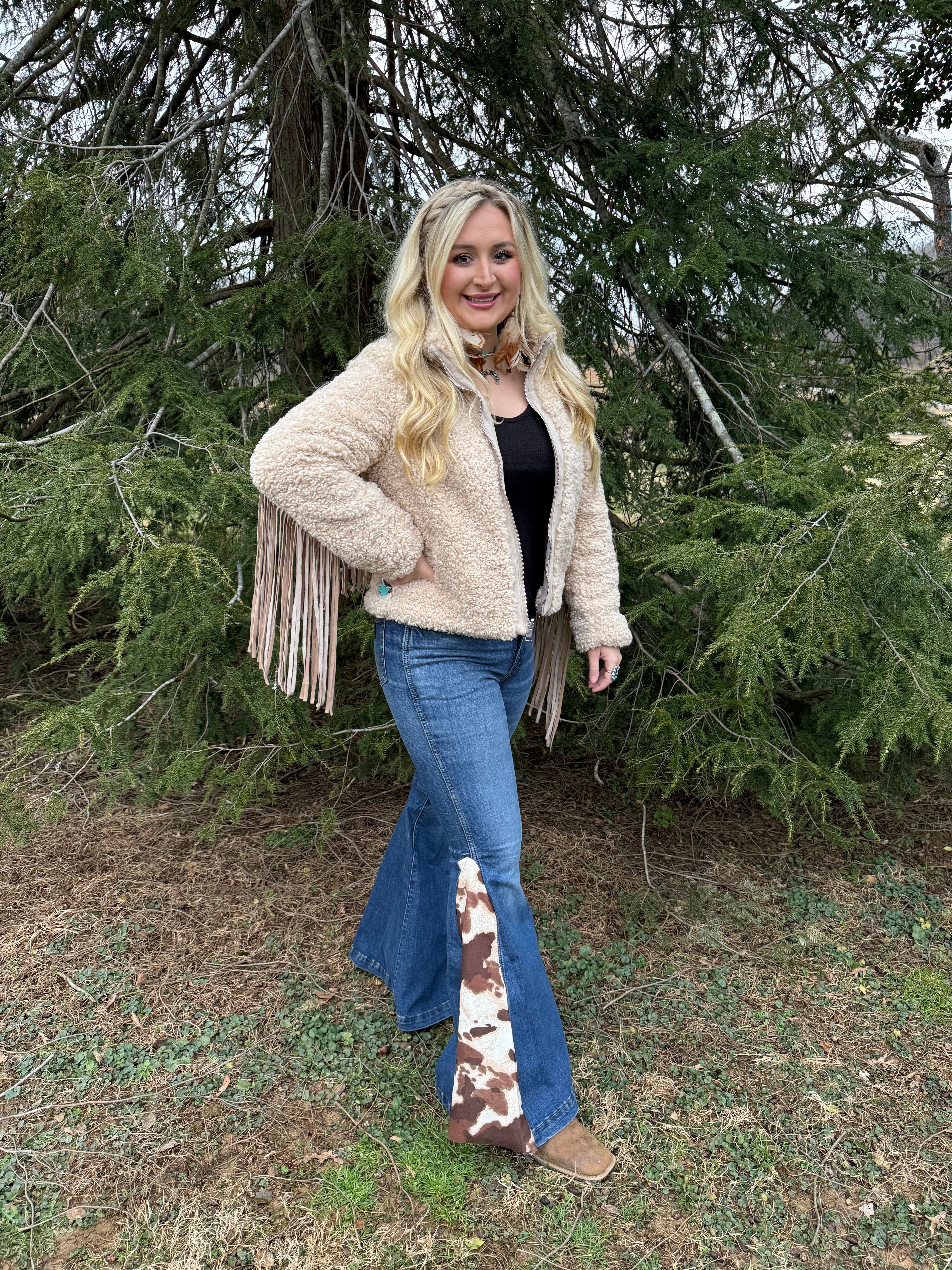 Reversible Sherpa Cream Fringe Coat