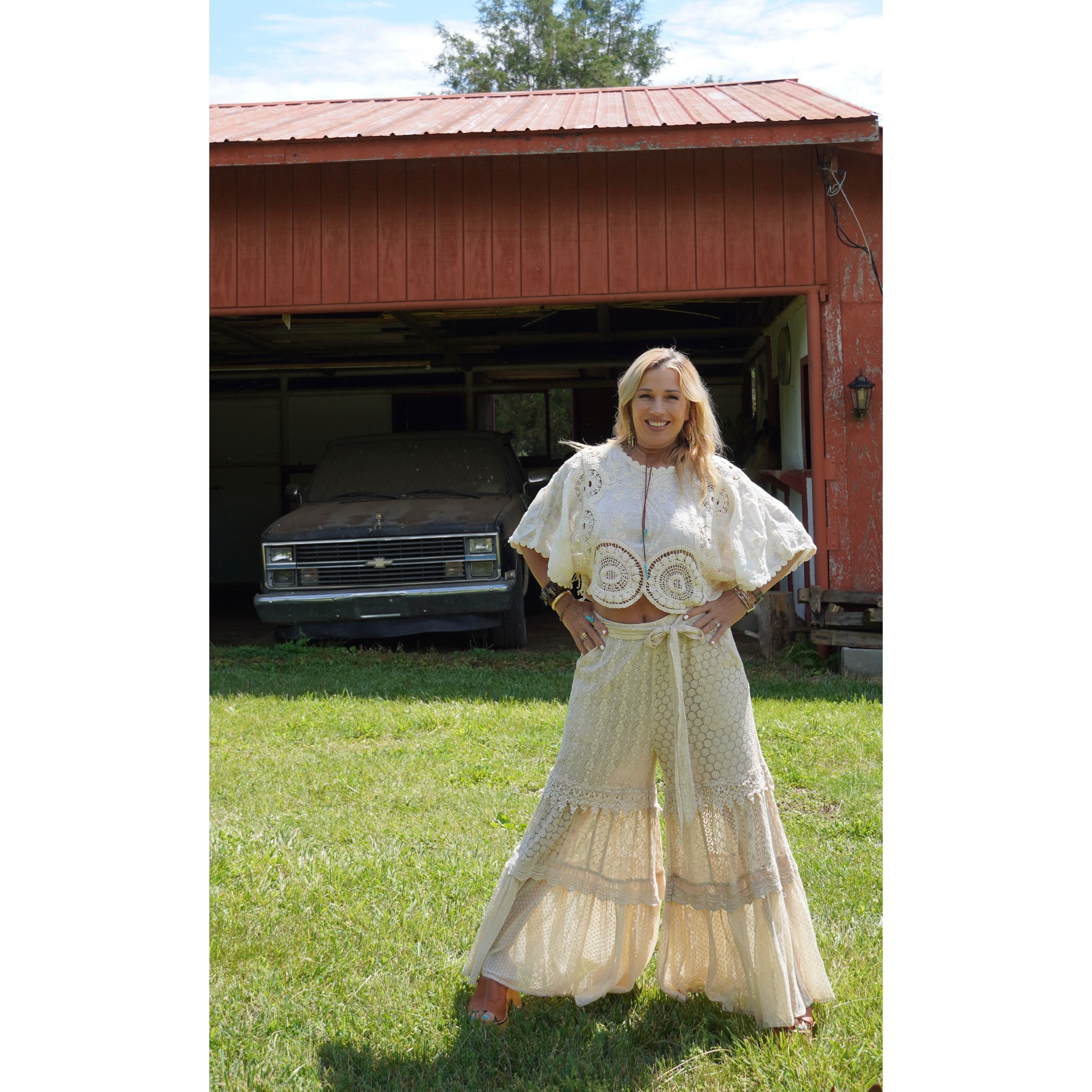 Crochet Lace Tiered Ruffle Flare Pants