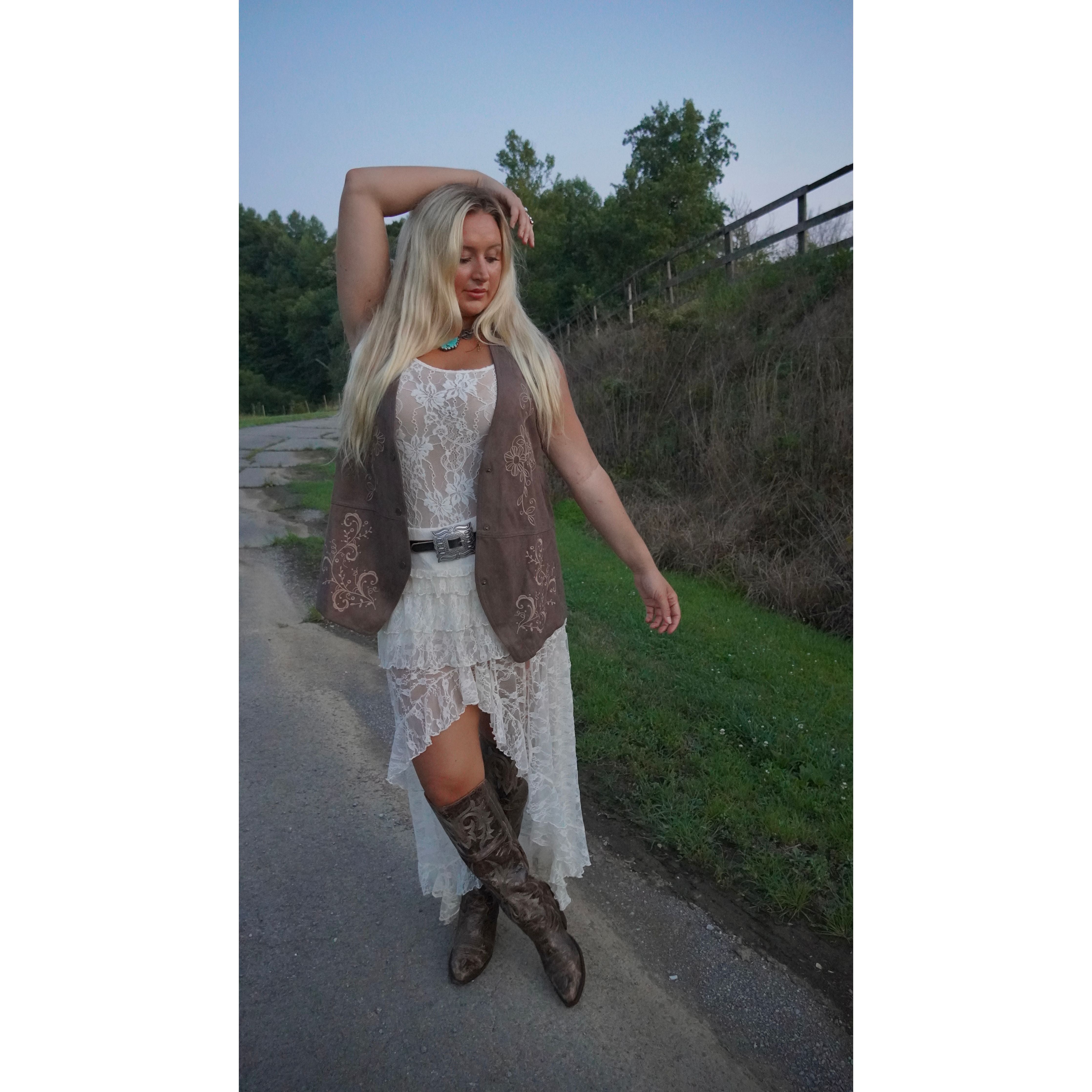 Floral Embroidered Faux Suede Vest in Espresso