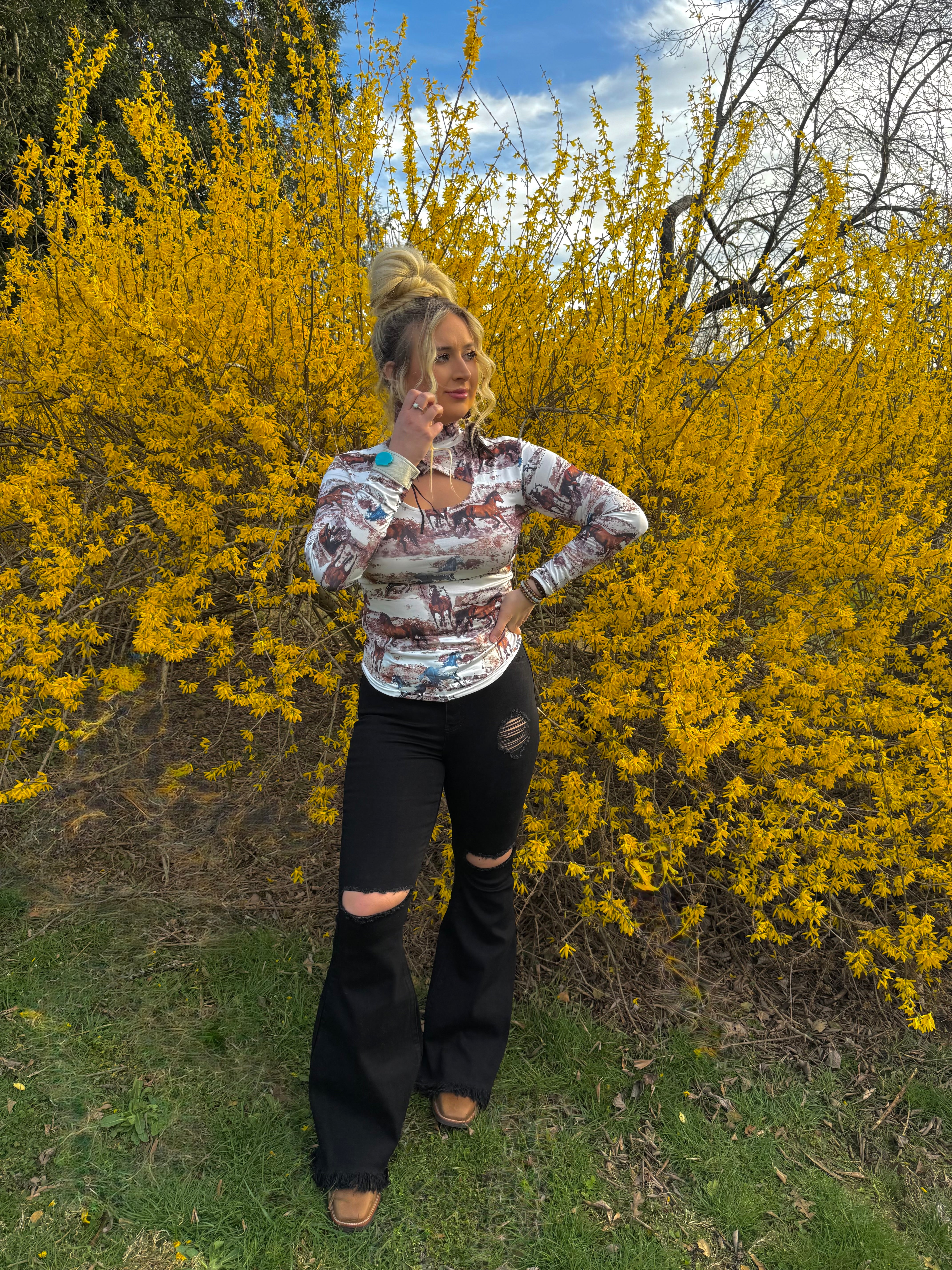 Wild Horses Long Sleeve Keyhole Top