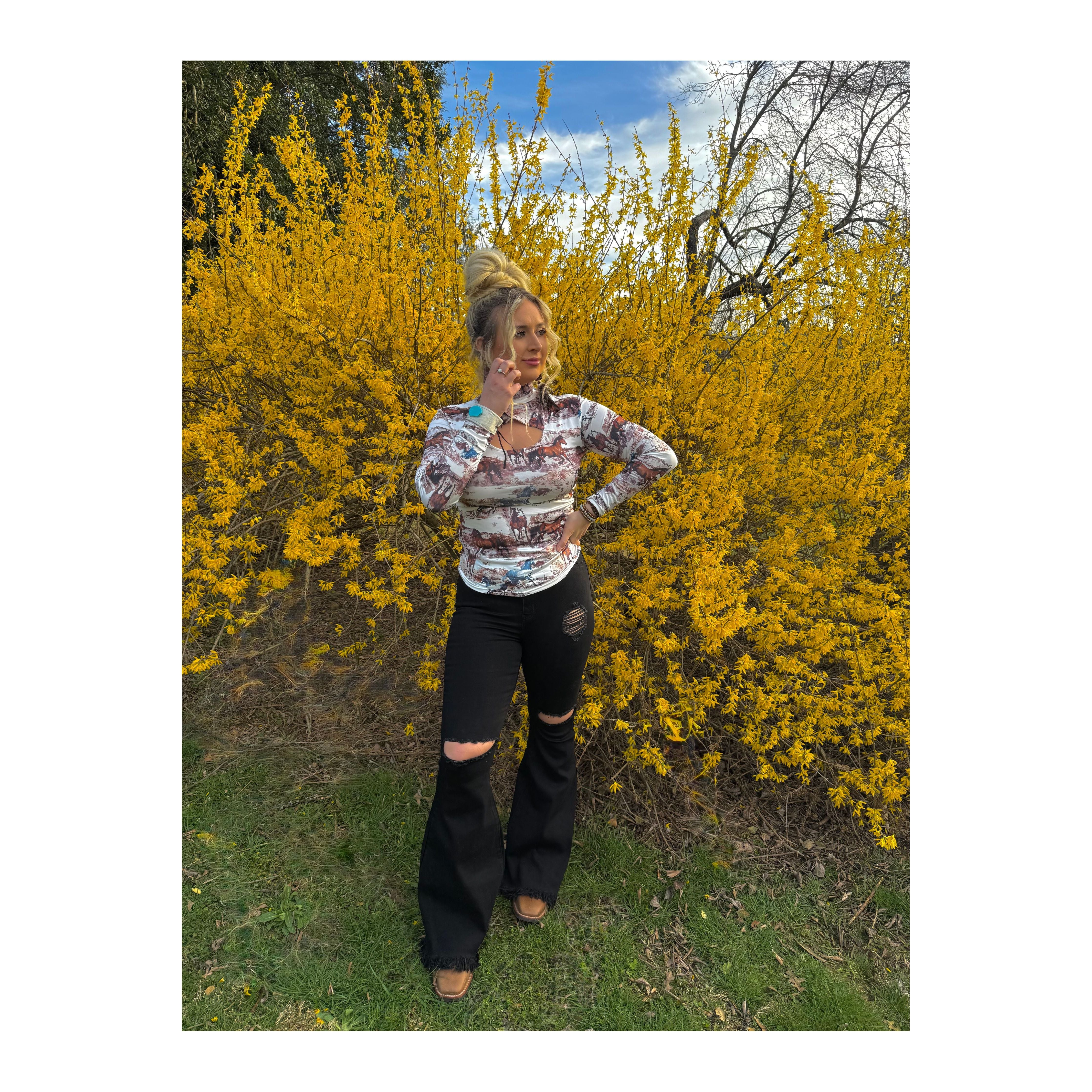 Wild Horses Long Sleeve Keyhole Top