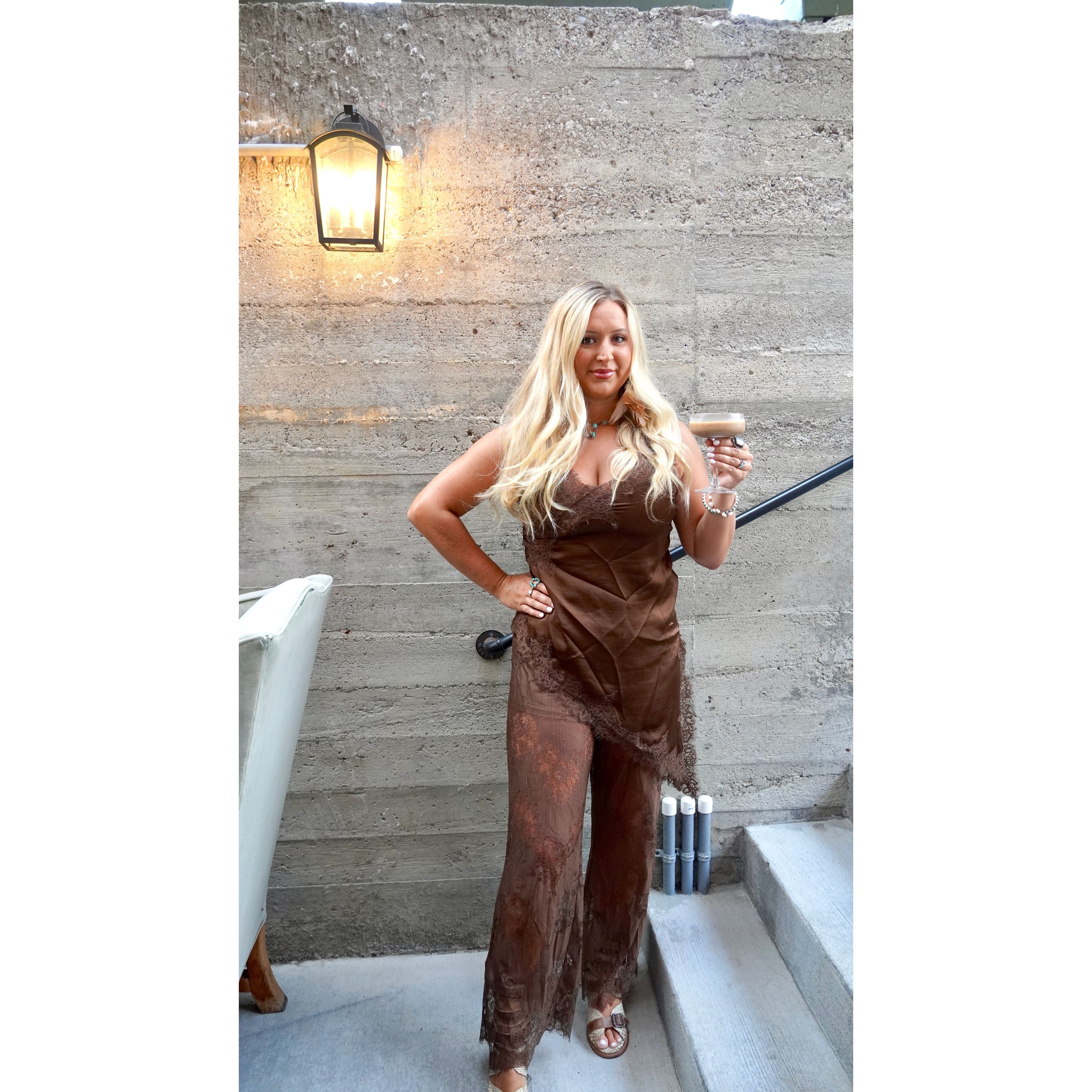Chocolate Satin Lace Trim Cami and Pants Set