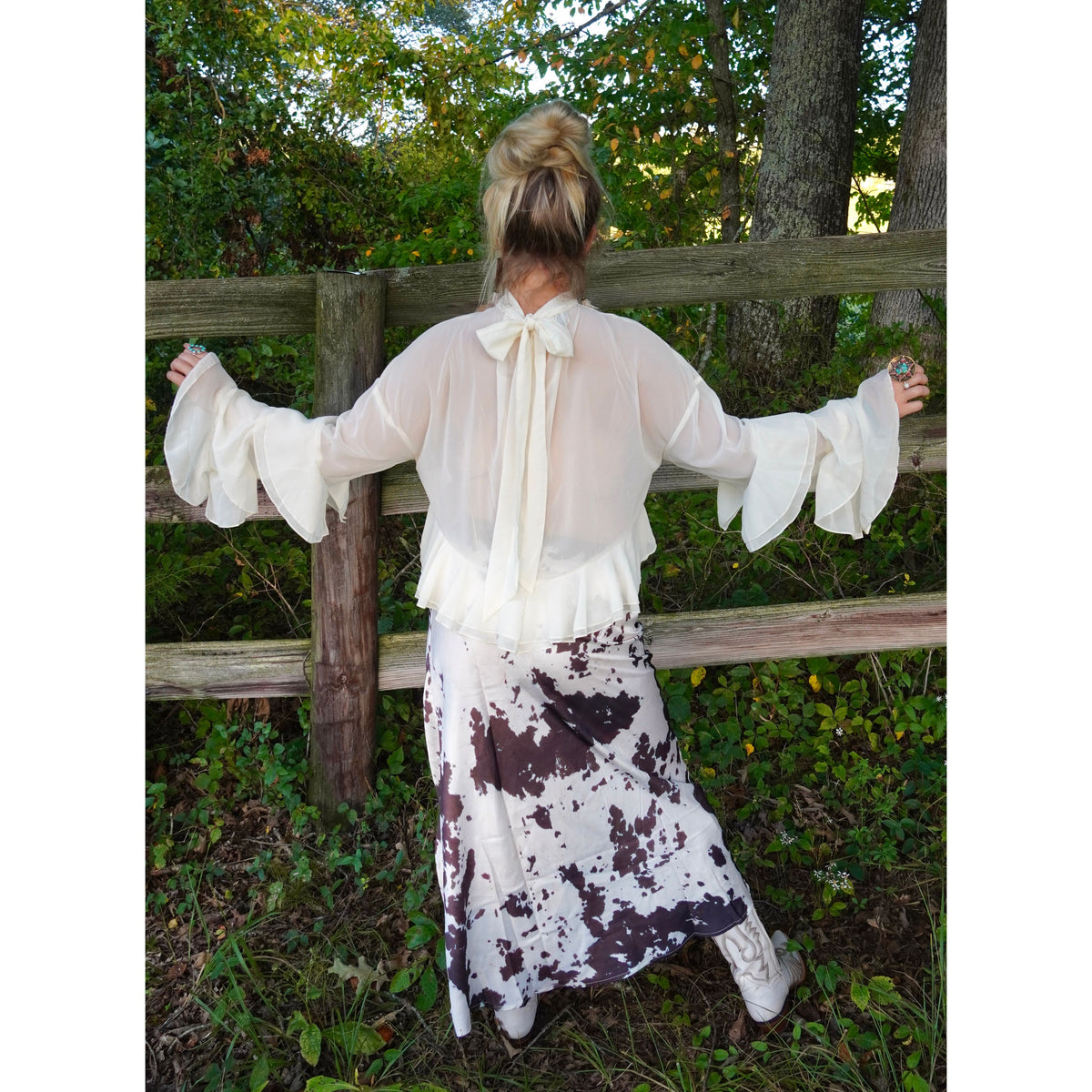 Off White Ruffled Sleeve Tie Neck Top