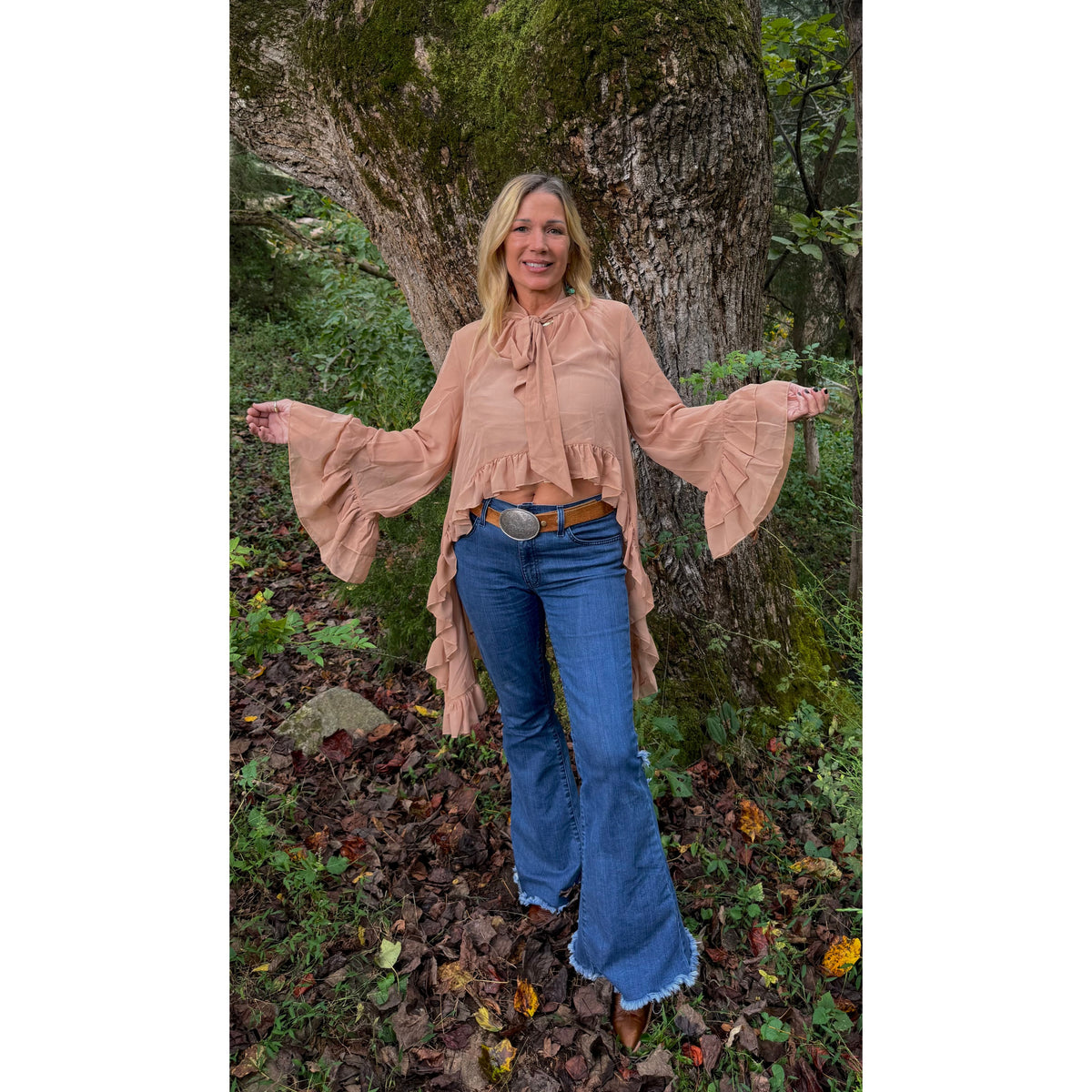 Taupe Tie-Neck Ruffle Top