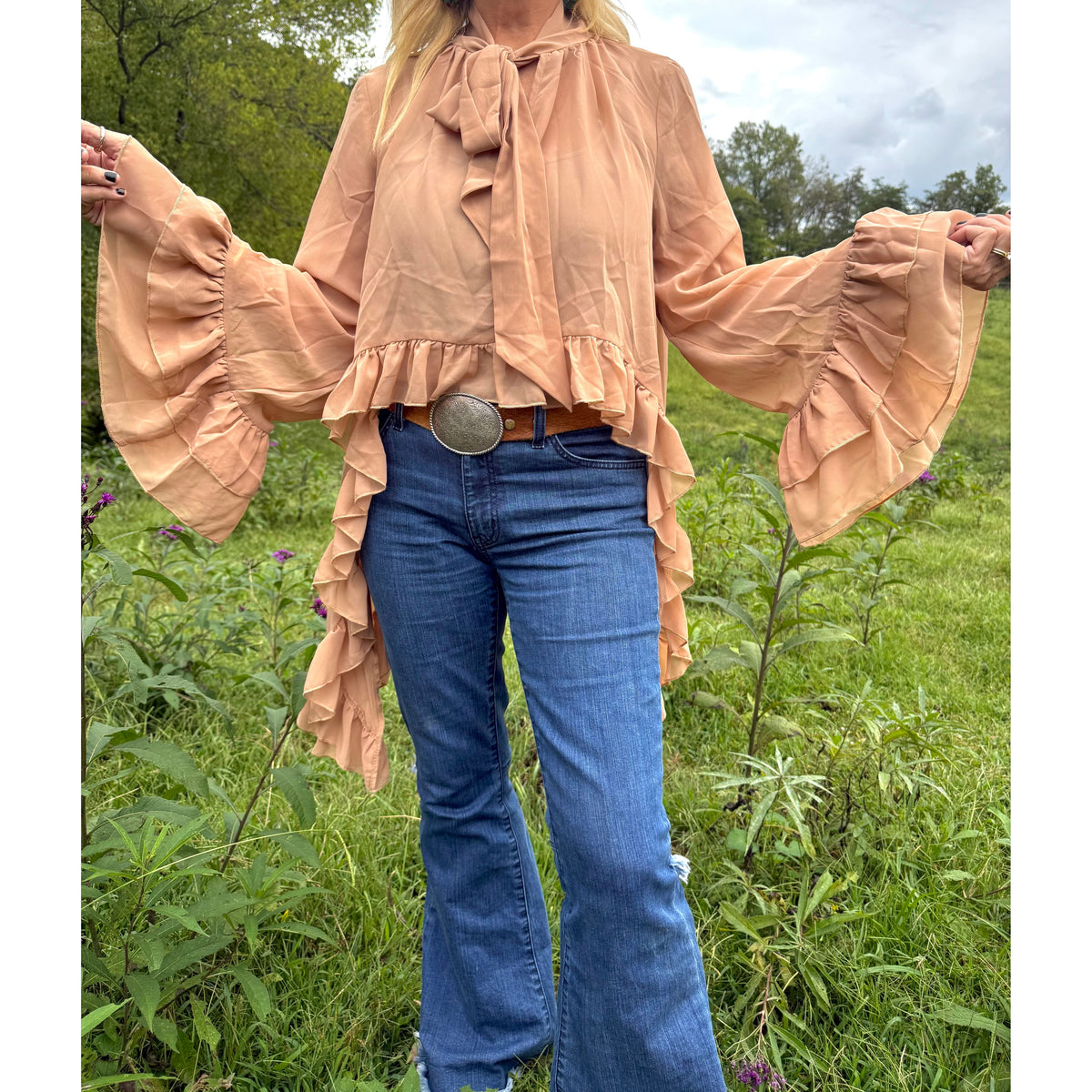 Taupe Tie-Neck Ruffle Top