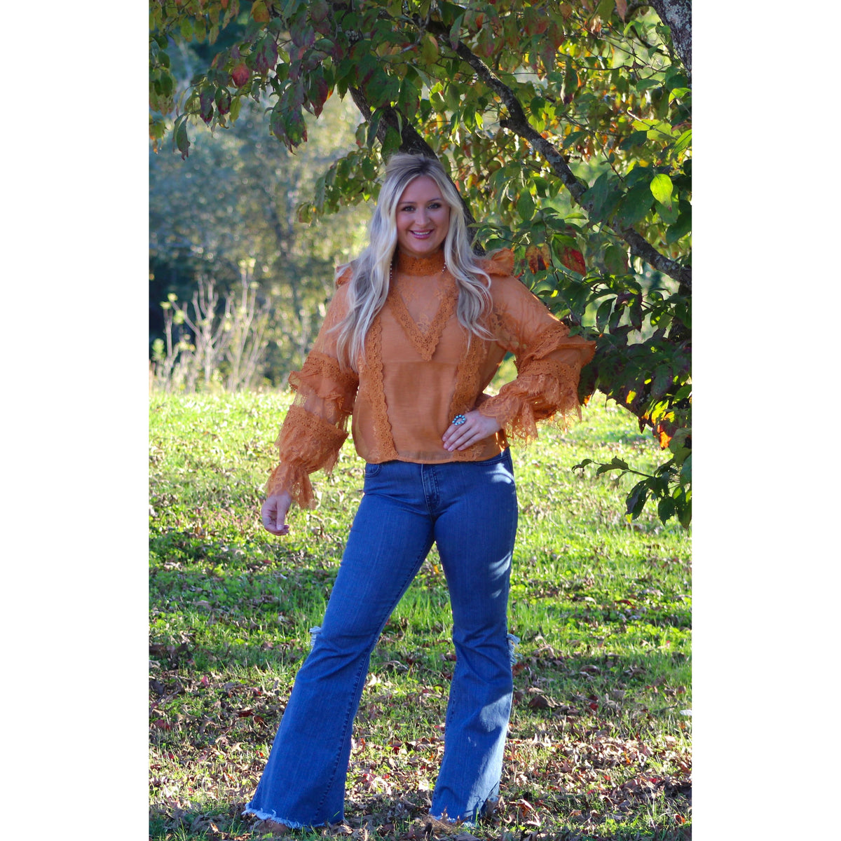 Burnt Orange Lace High-Neck Ruffle Top