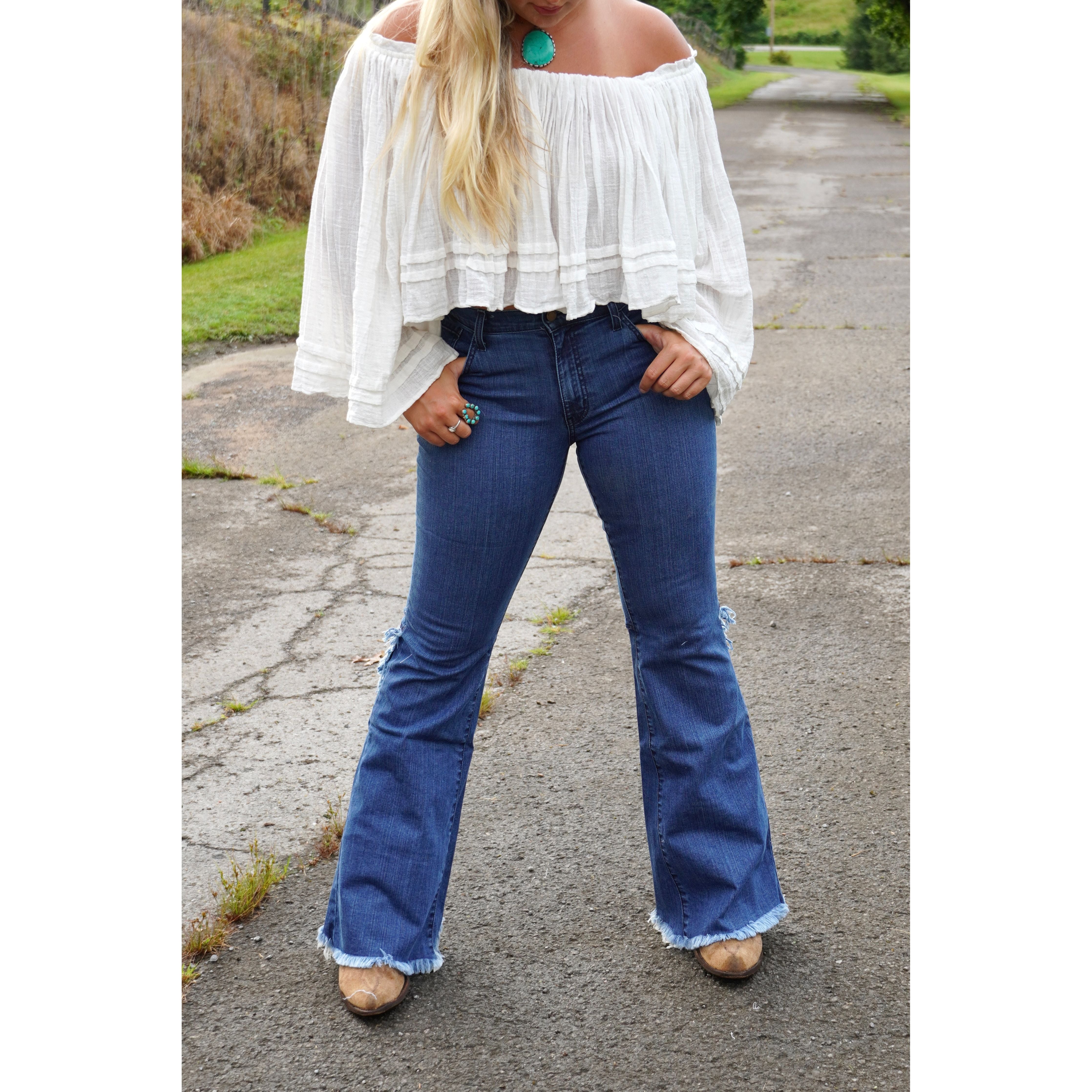 Ruffled Split Back Flare Jeans