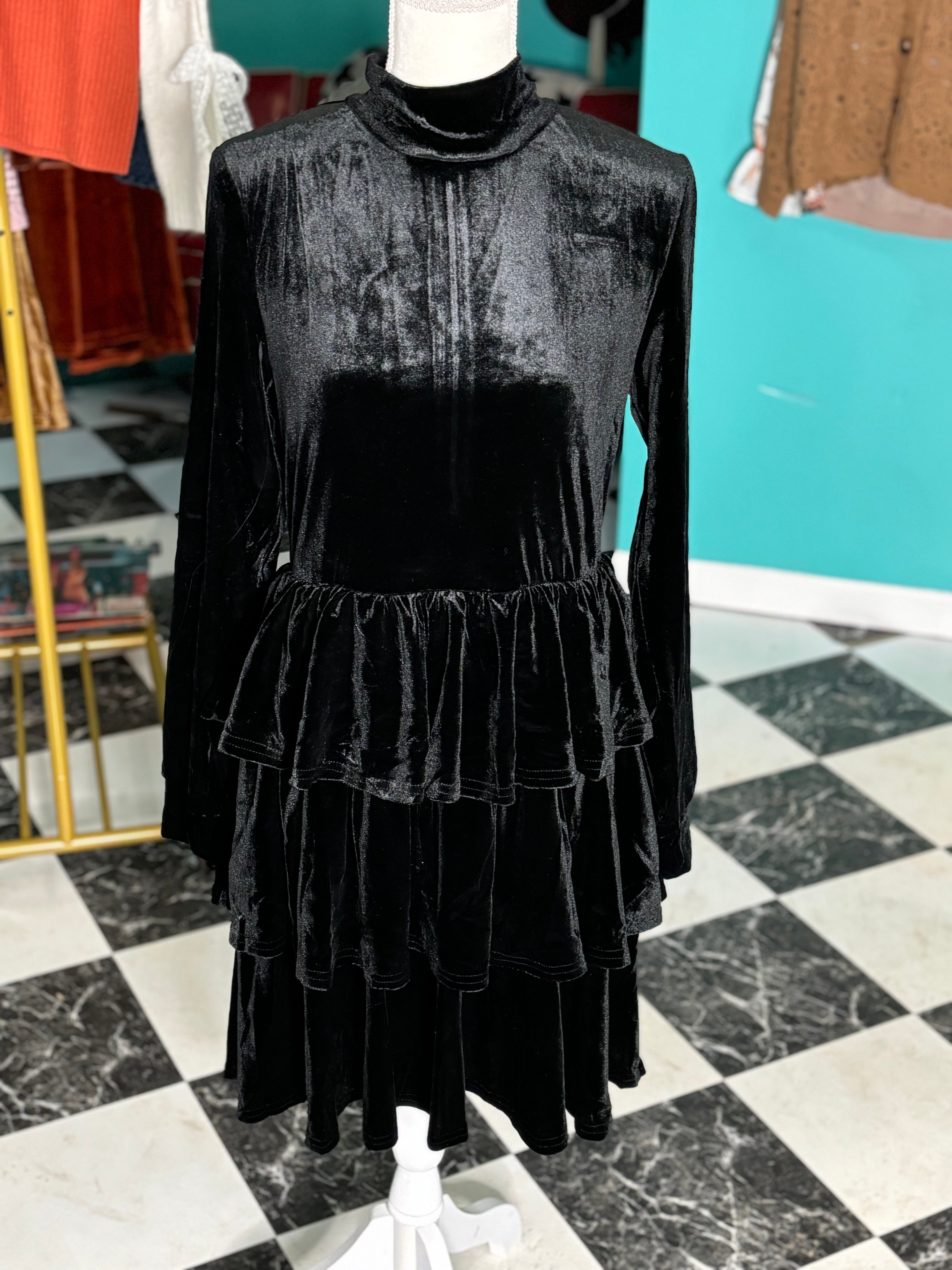 Black Velvet Ruffle Dress