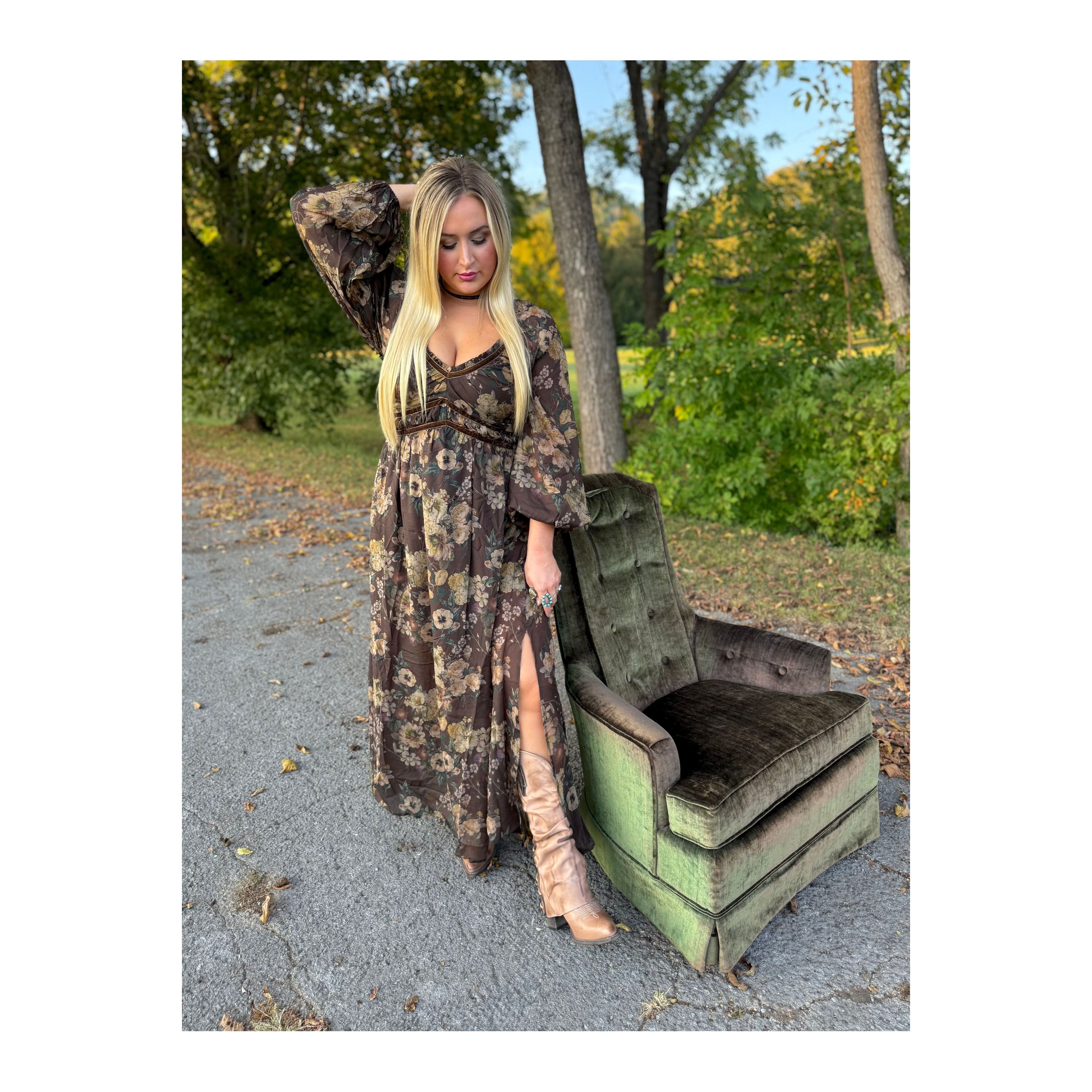 Floral Print Velvet Trimmed Maxi Dress with Slit