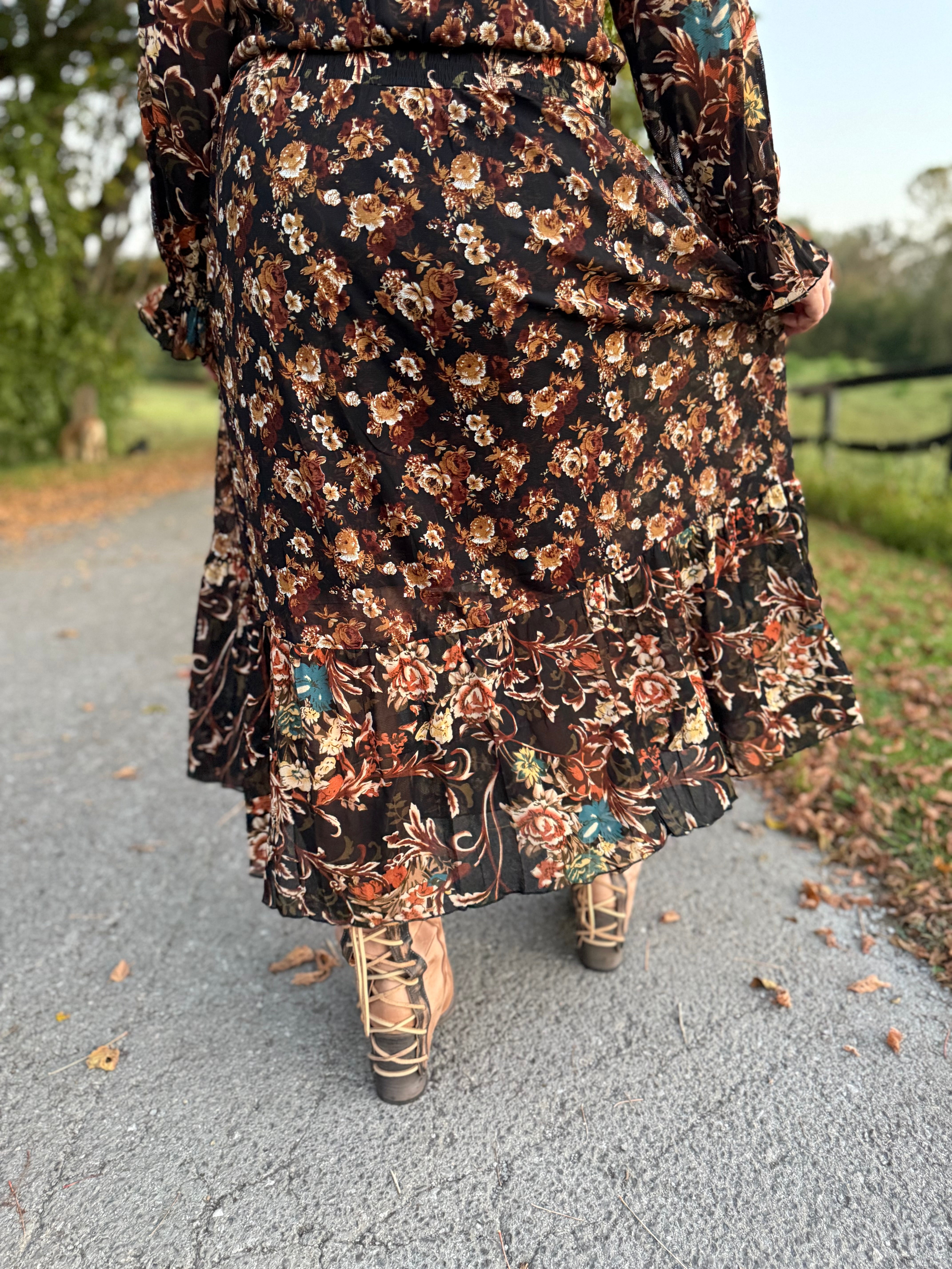 Black Floral Ruffle Maxi Dress