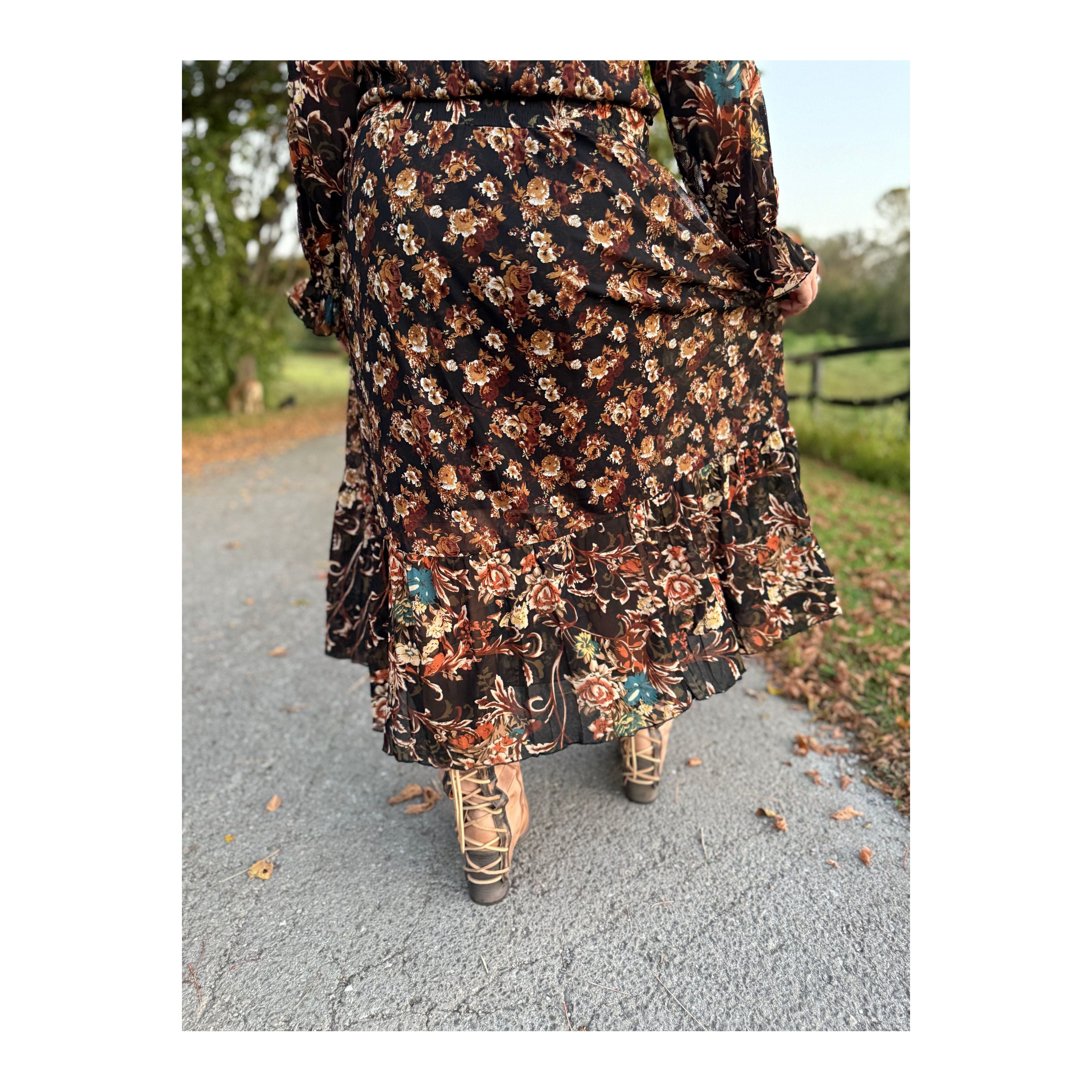 Black Floral Ruffle Maxi Dress