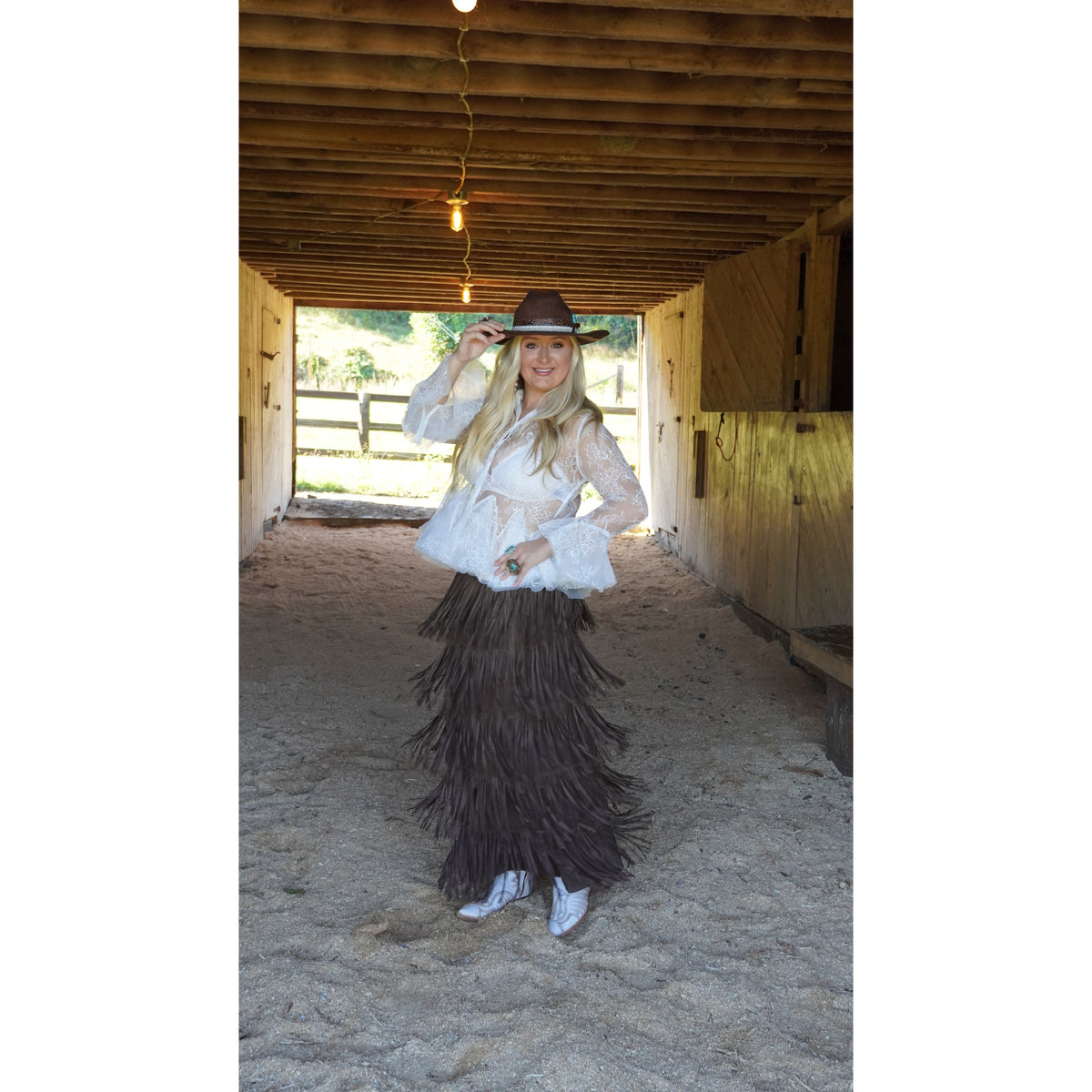 Brown fringe tiered skirt
