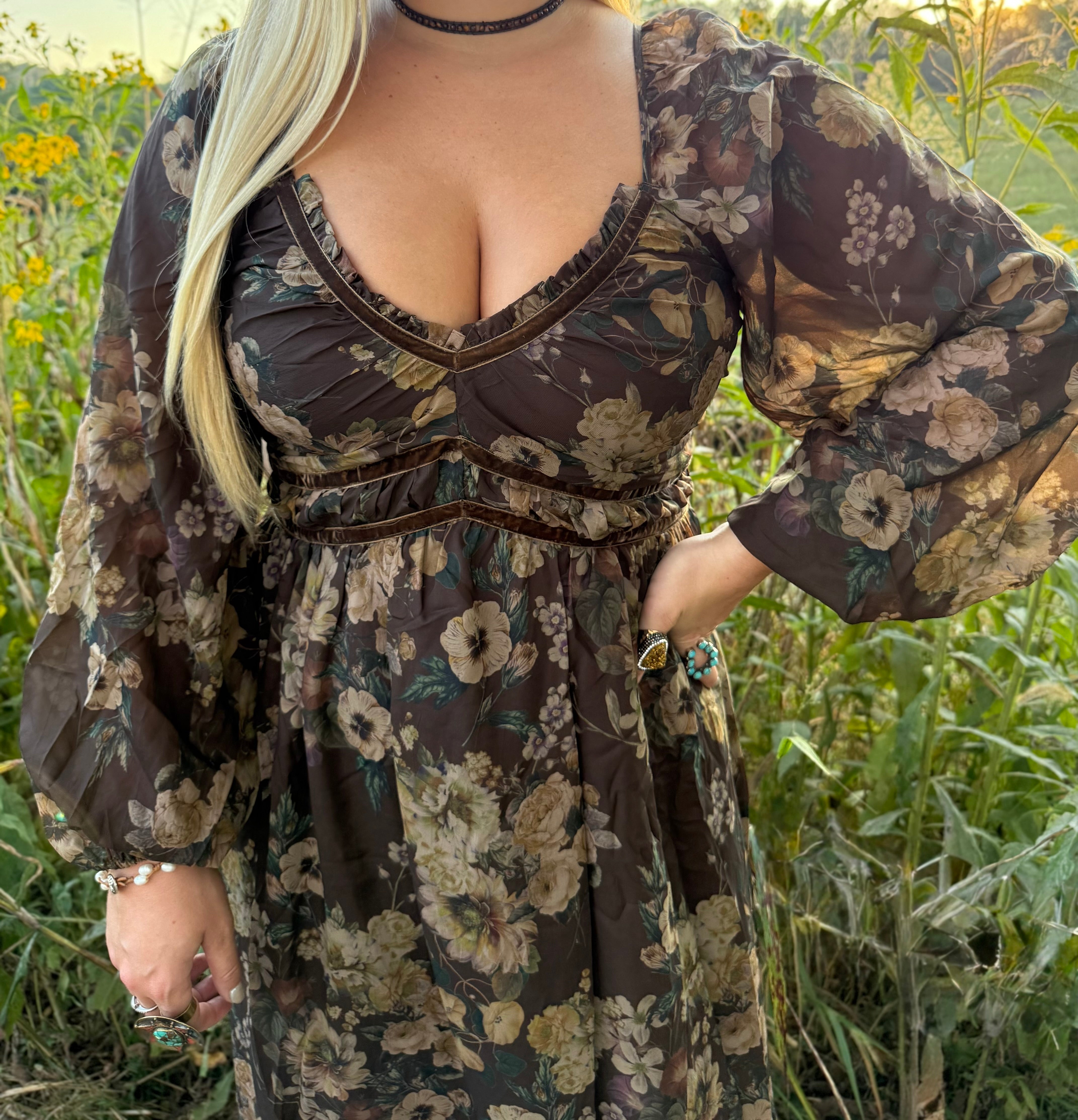 Floral Print Velvet Trimmed Maxi Dress with Slit