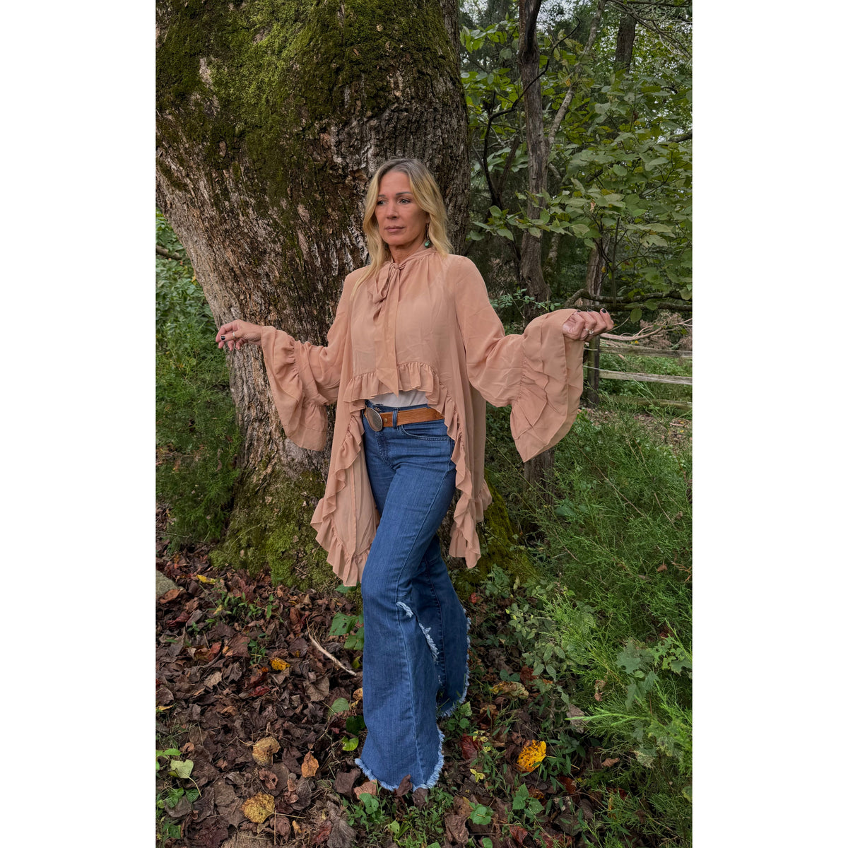 Taupe Tie-Neck Ruffle Top