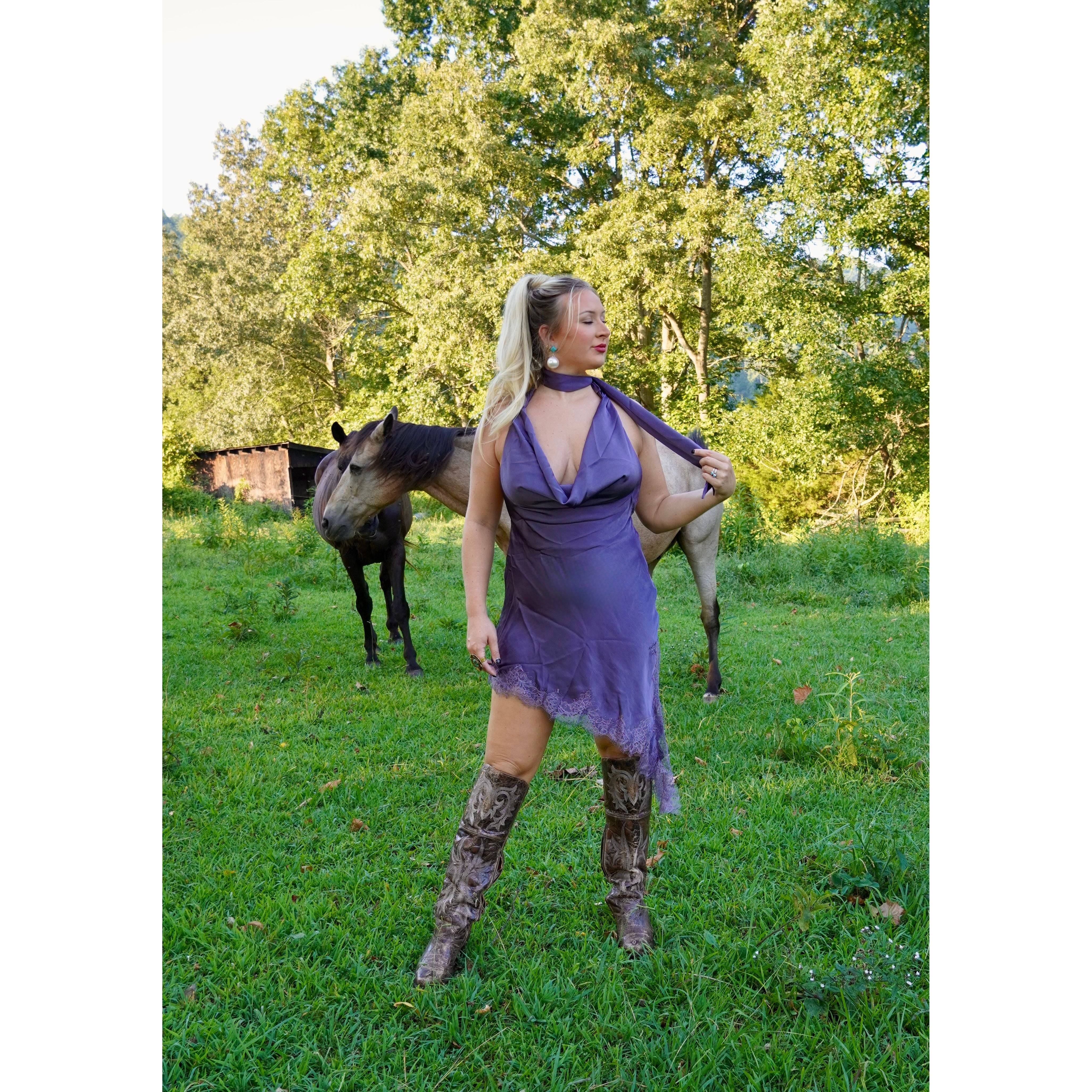 Purple Satin Lace Trim Scarf Dress