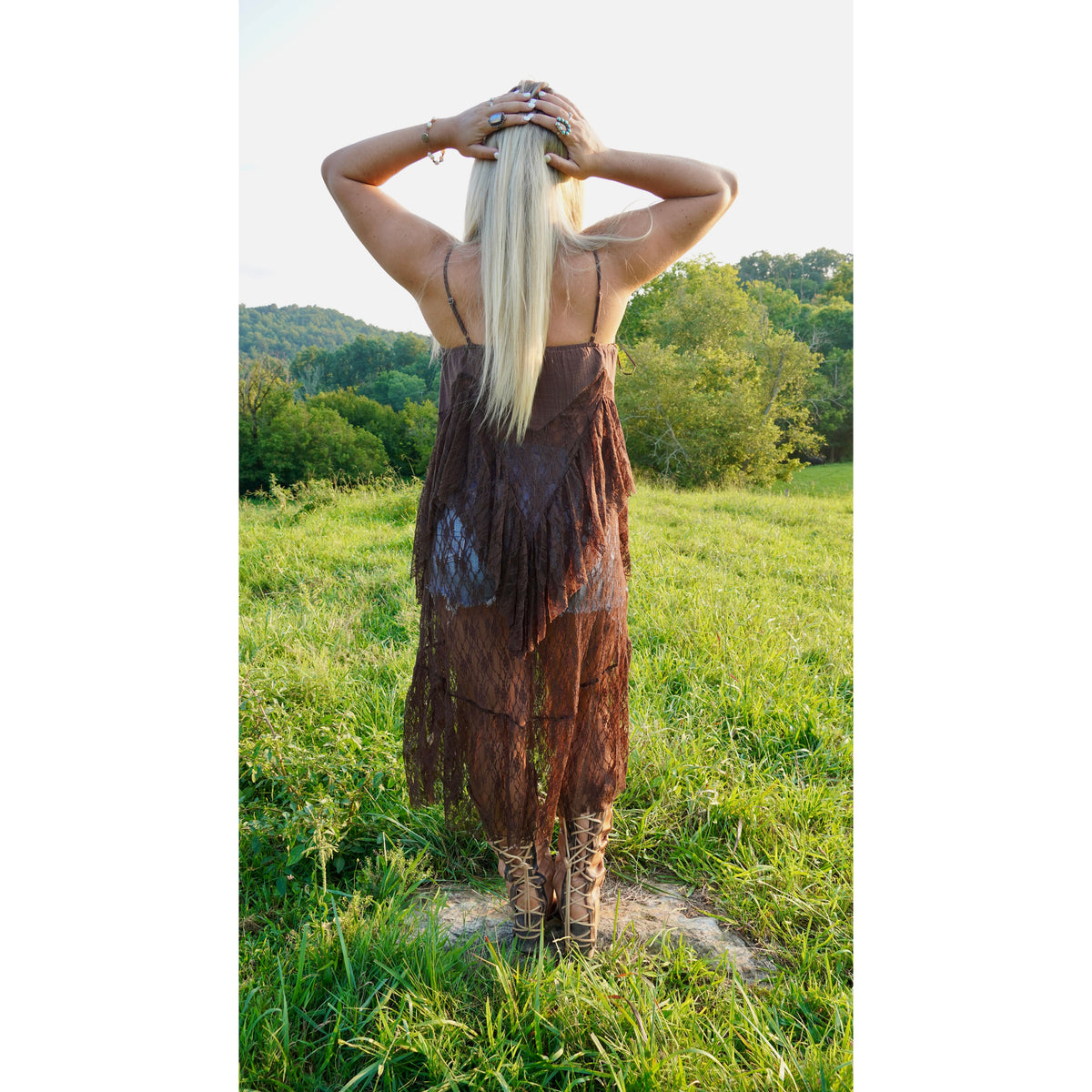 Chocolate Ruffled Lace Flyaway Maxi Cami Top