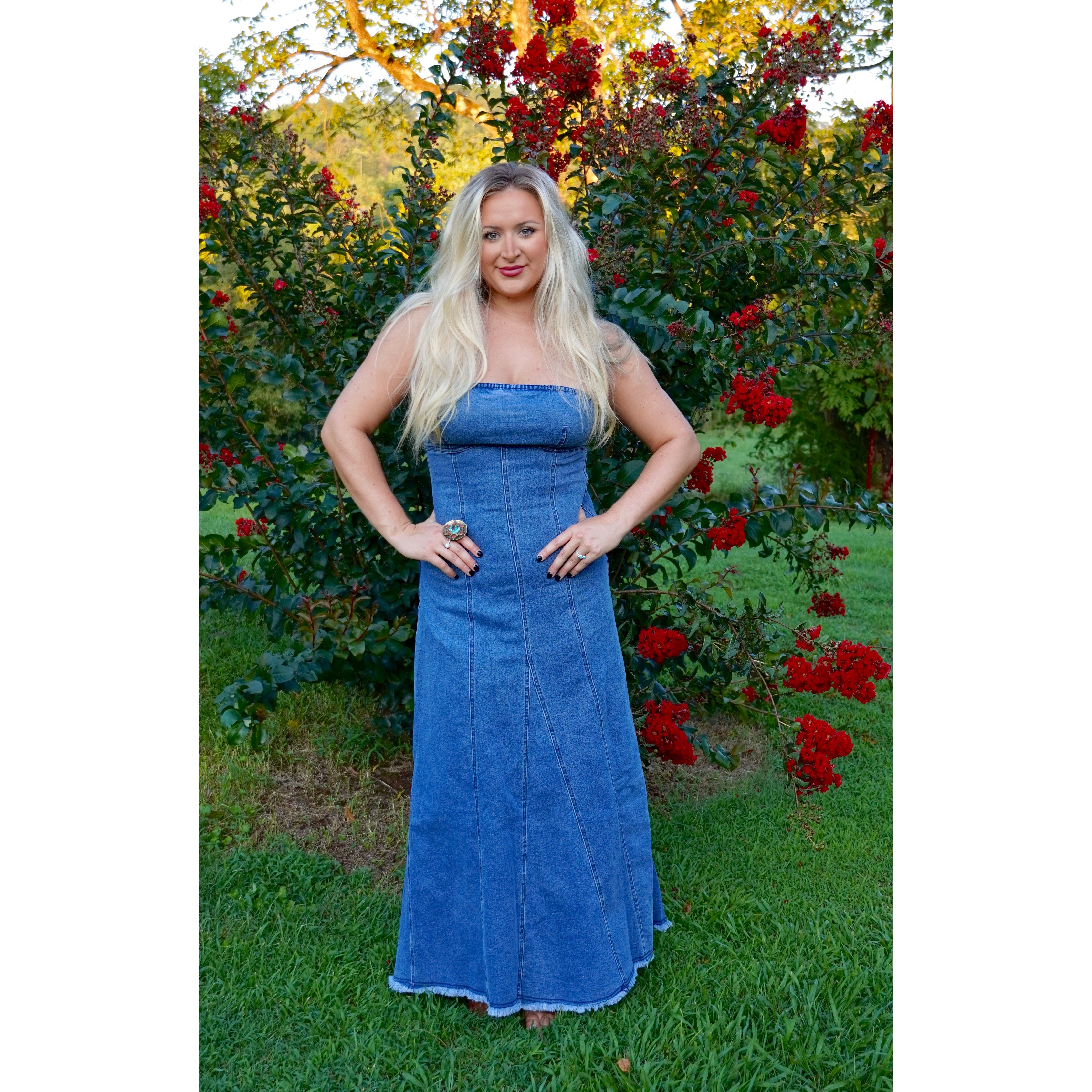 Strapless Denim Raw-Edge Flare Dress