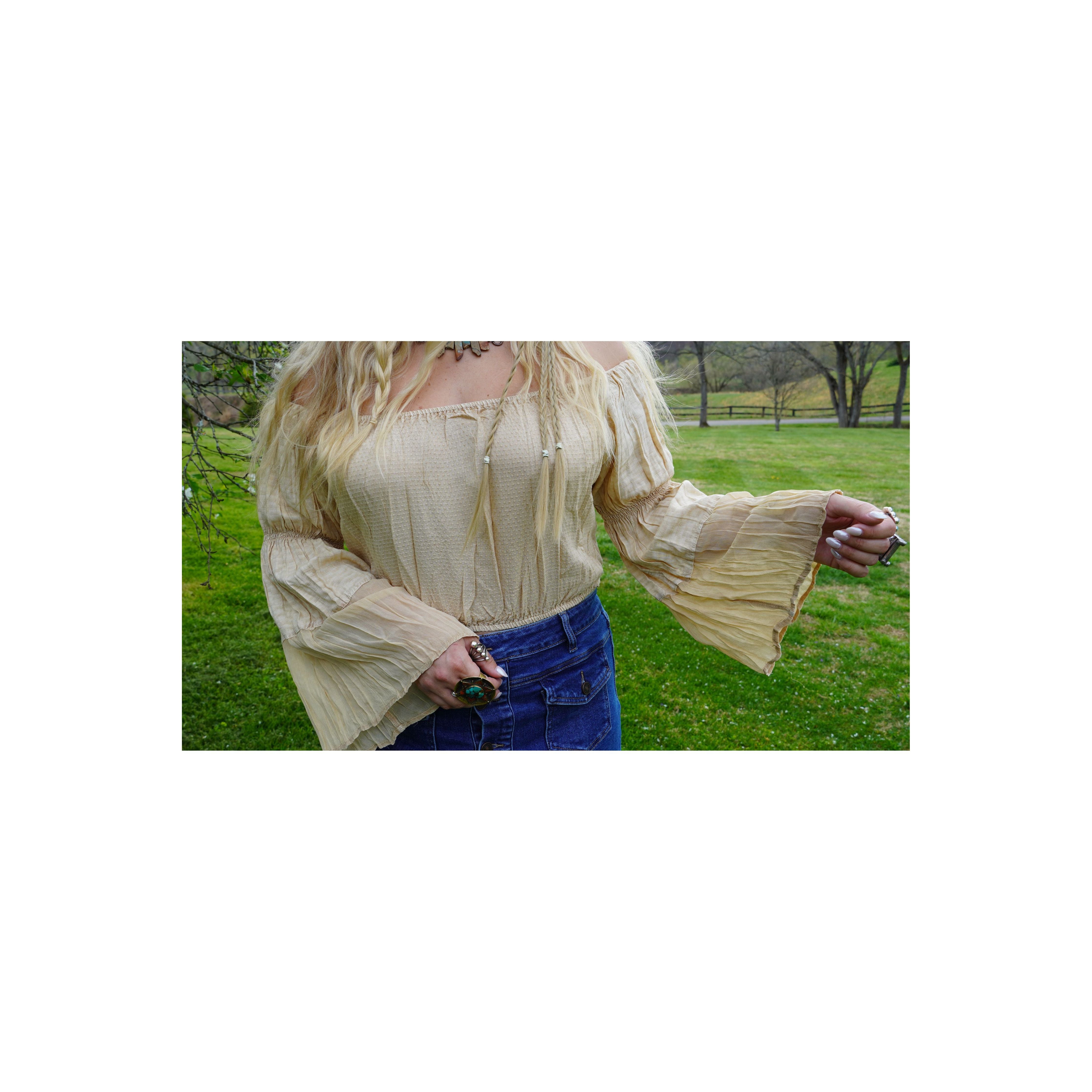 Boho Off-The-Shoulder Patchwork Top With Bell Sleeves