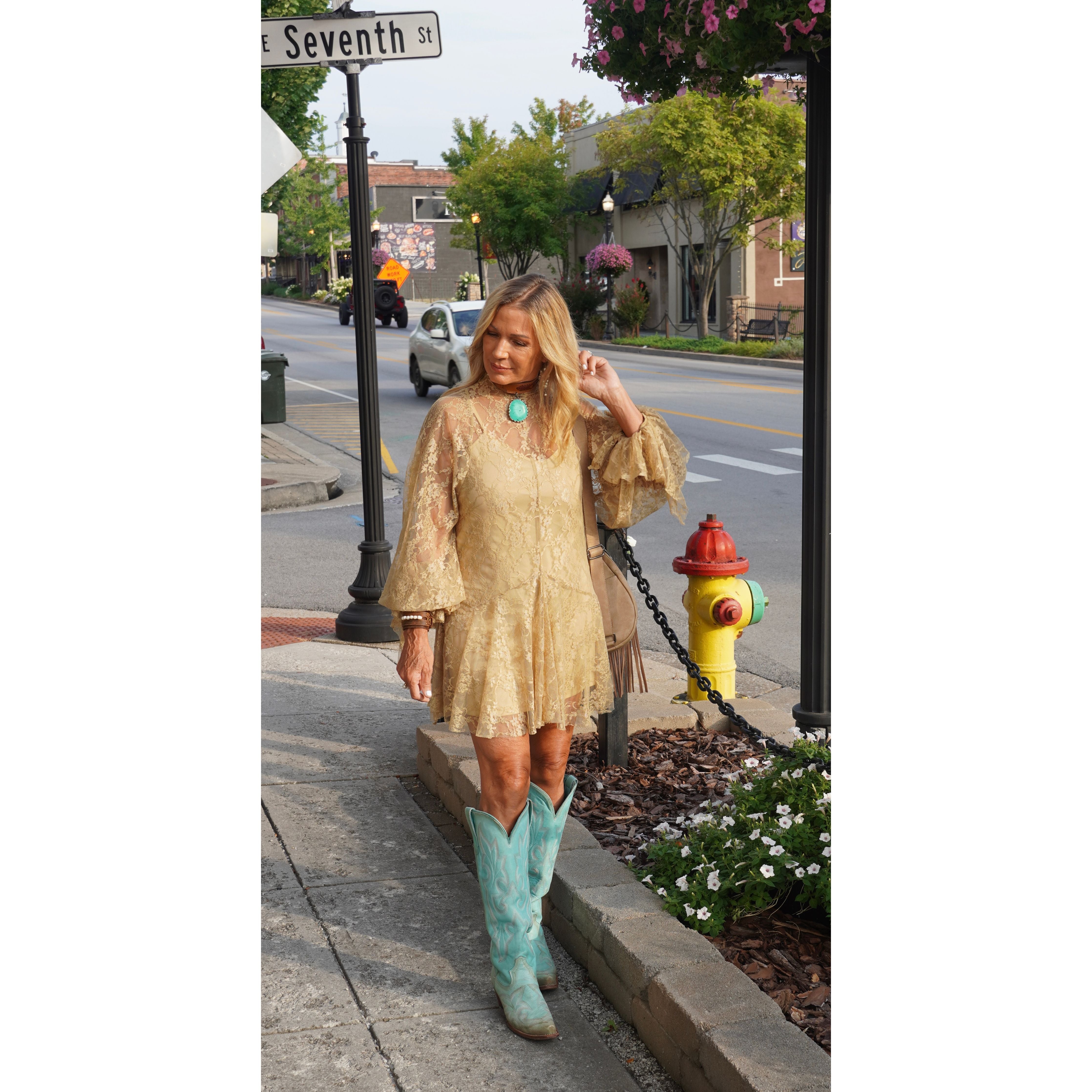 Honey Floral Lace Layered Mock Neck Dress
