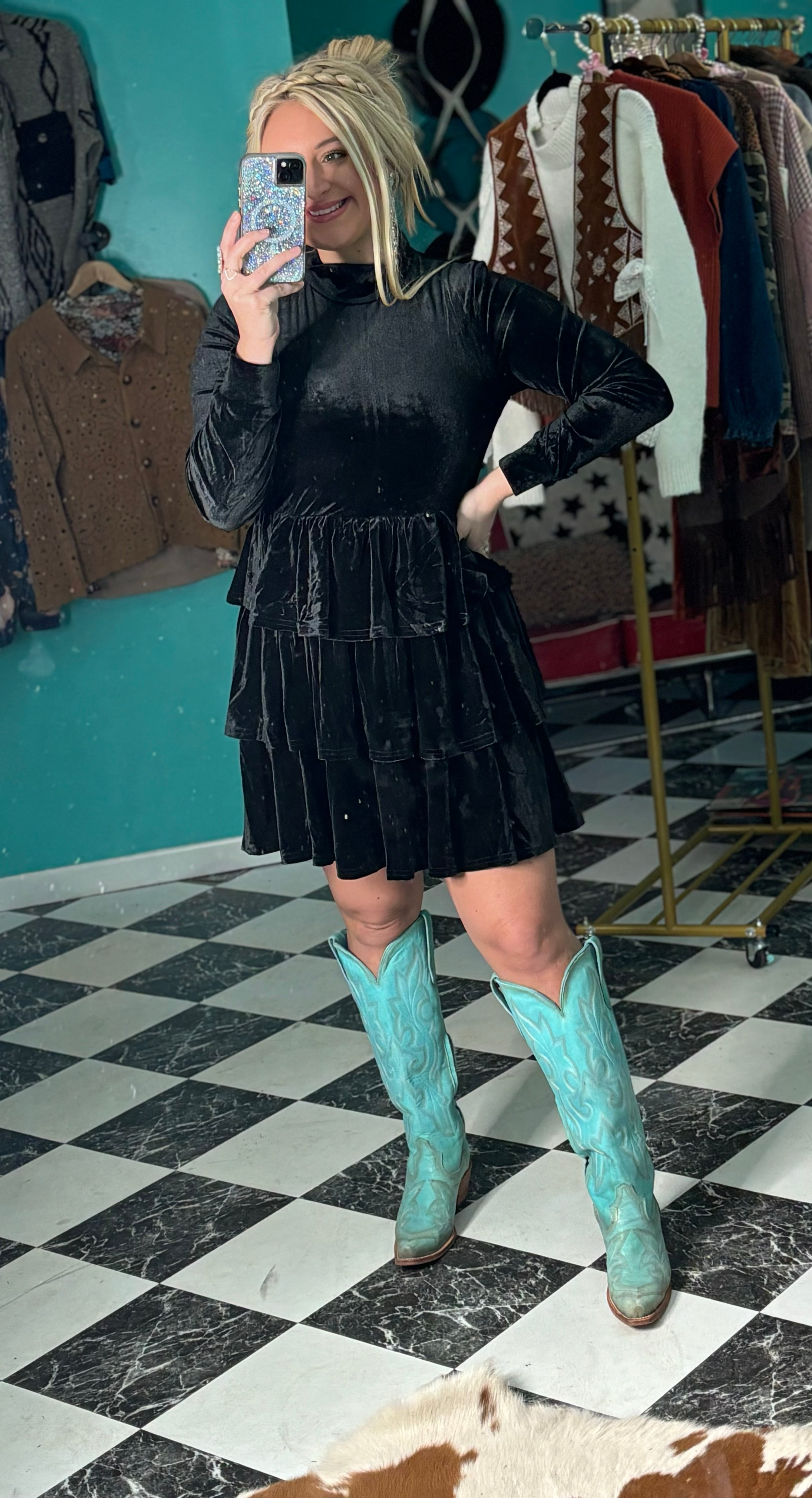 Black Velvet Ruffle Dress