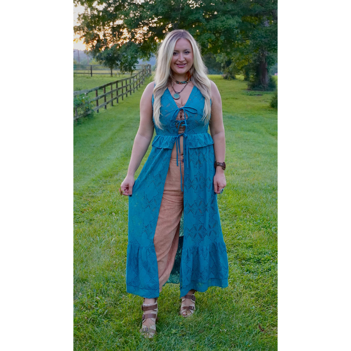 Teal Floral Lace Ruffled Tie Front Maxi Top