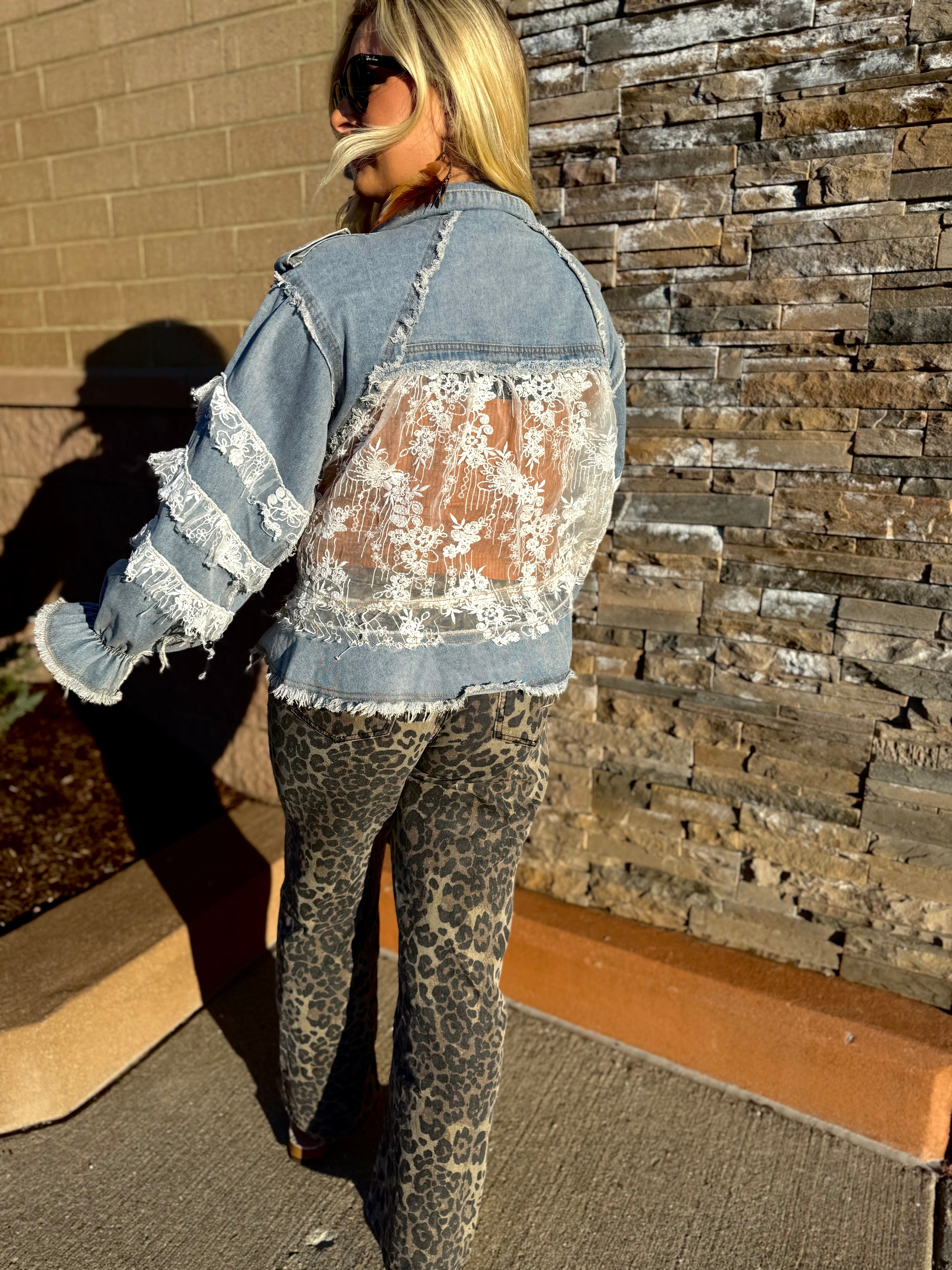 POL: Lainey Lace Trim Ruffle Denim Jacket
