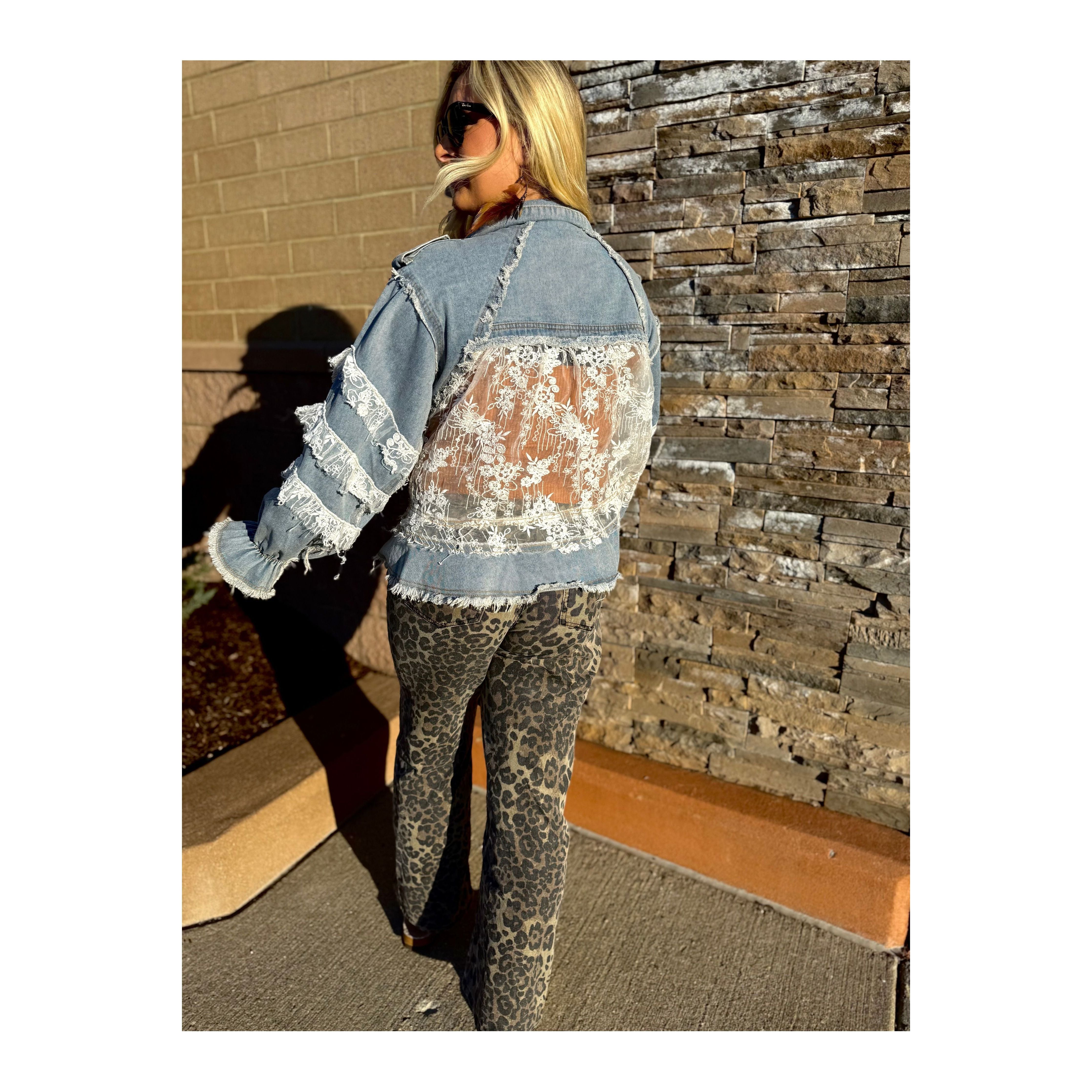 POL: Lainey Lace Trim Ruffle Denim Jacket