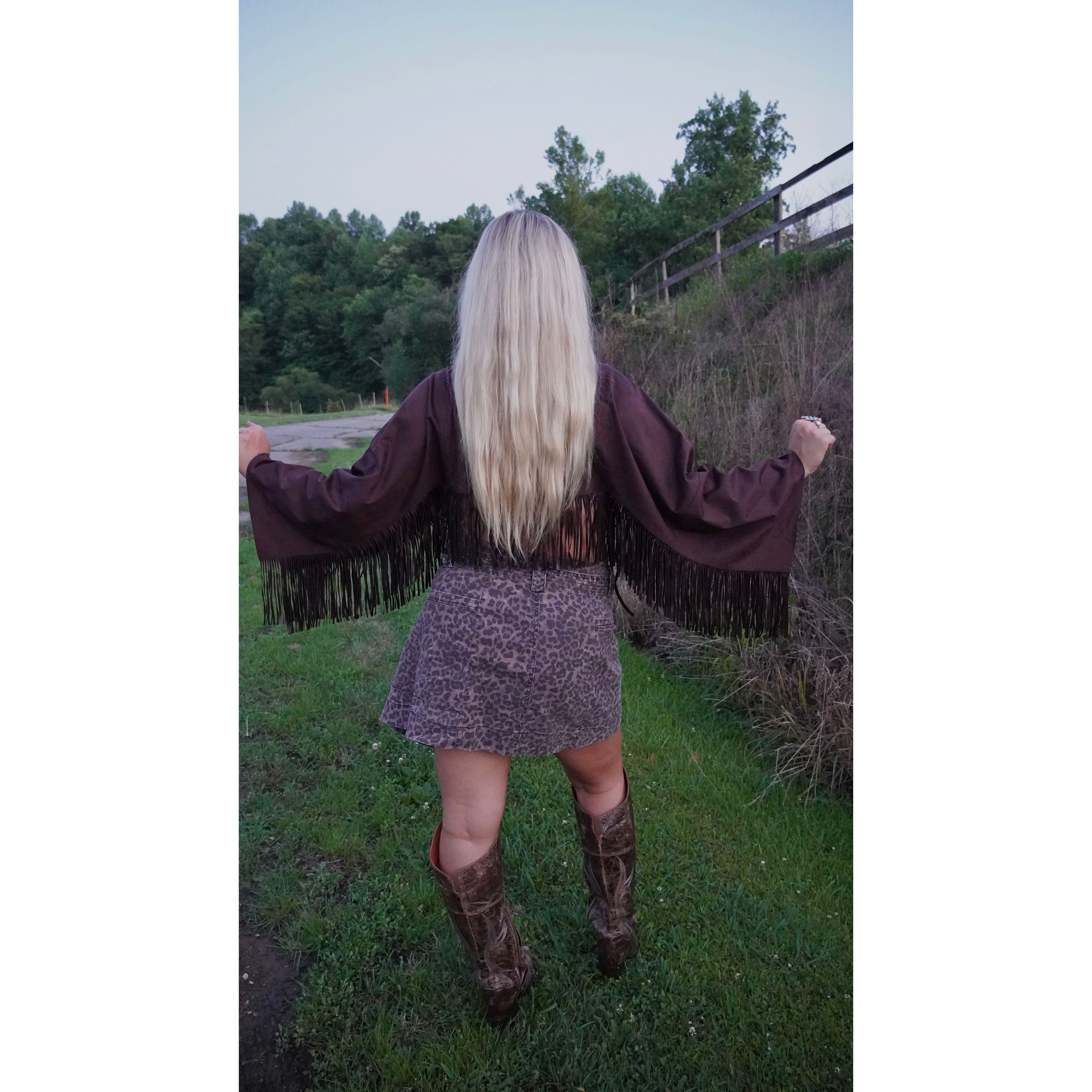 Chocolate Faux Suede Flowy Fringe Poncho