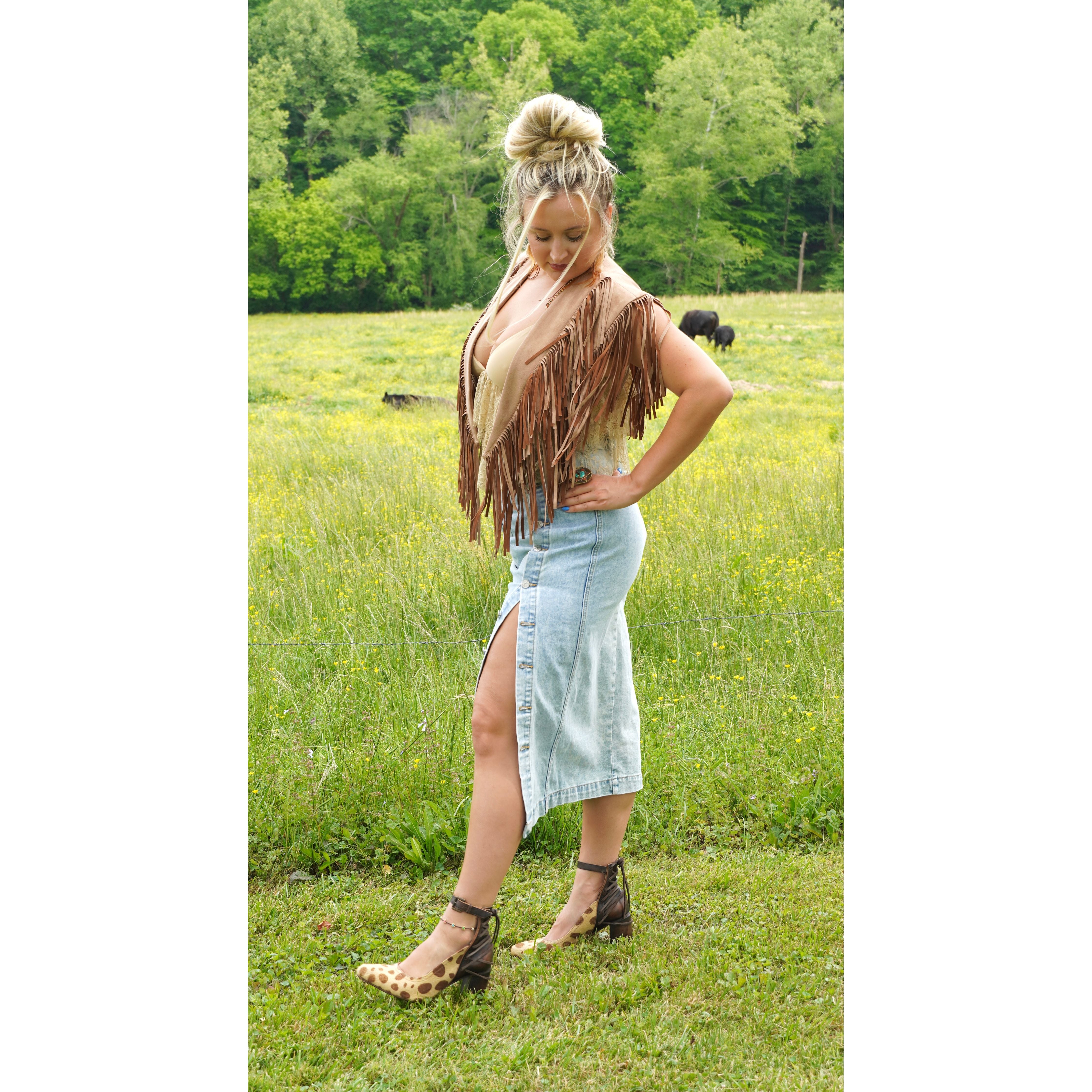 Country Fringe Suede Shawl in Chocolate Brown