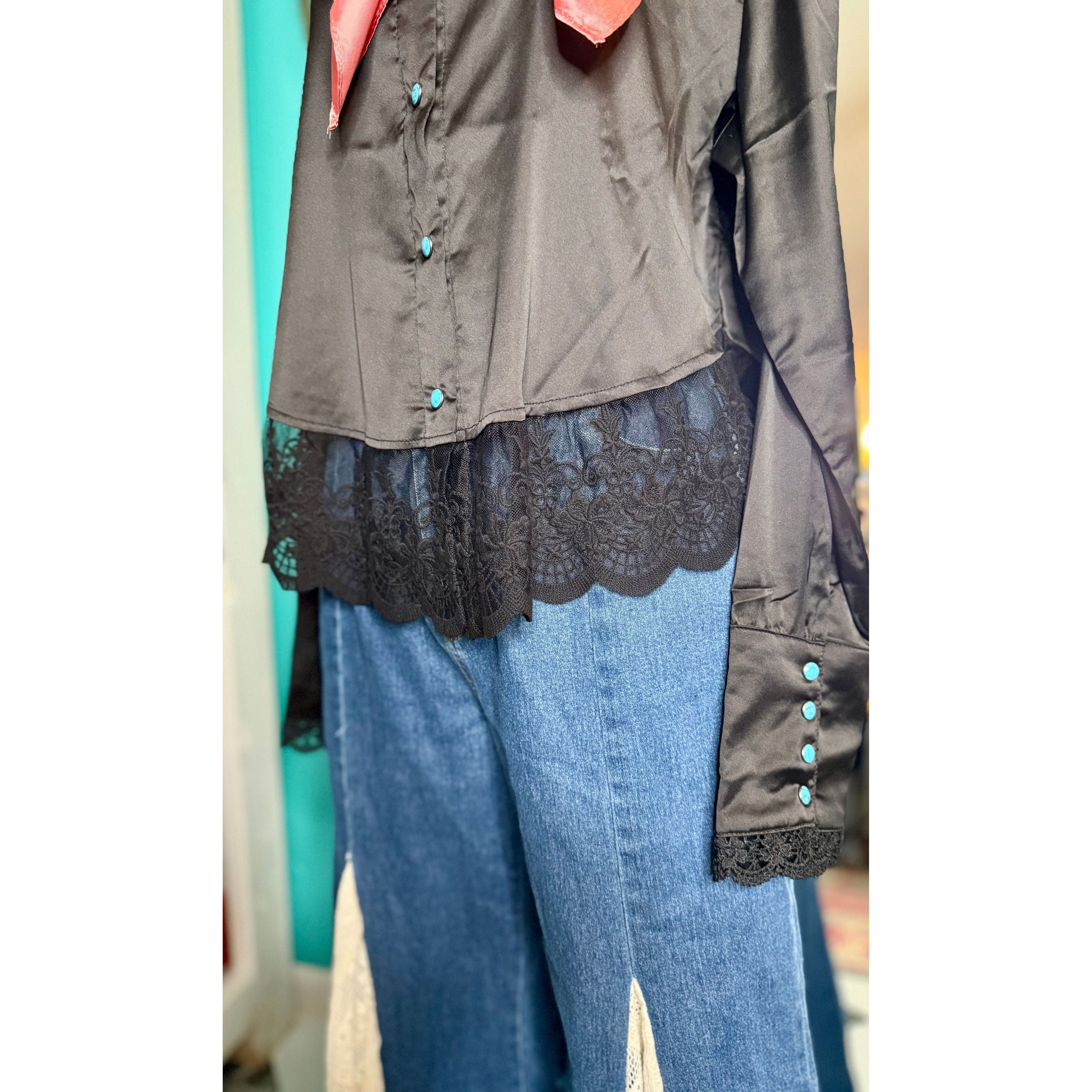 Black Silk Lace Western Top With Turquoise Buttons