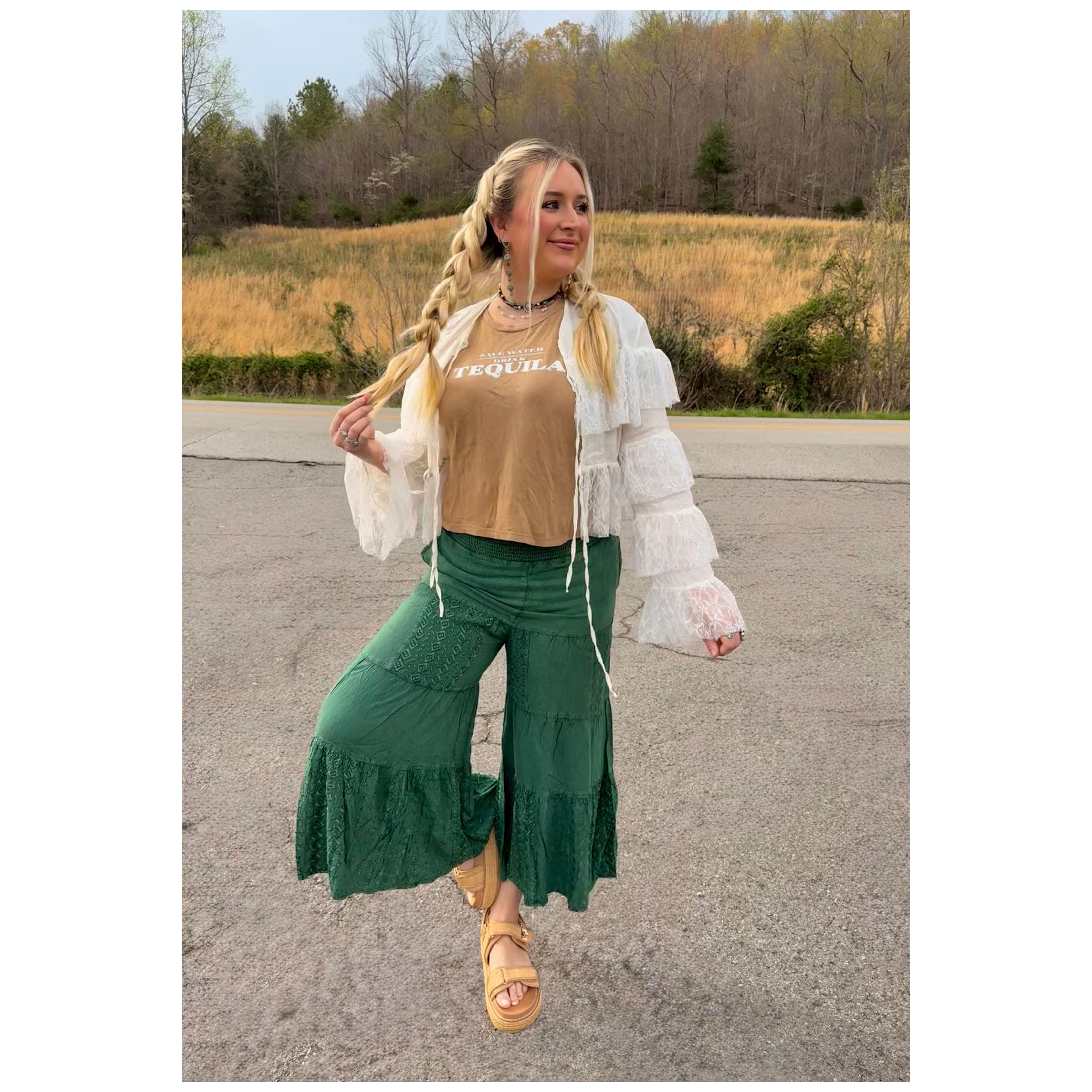 Green Embroidered Tiered Flared Pants