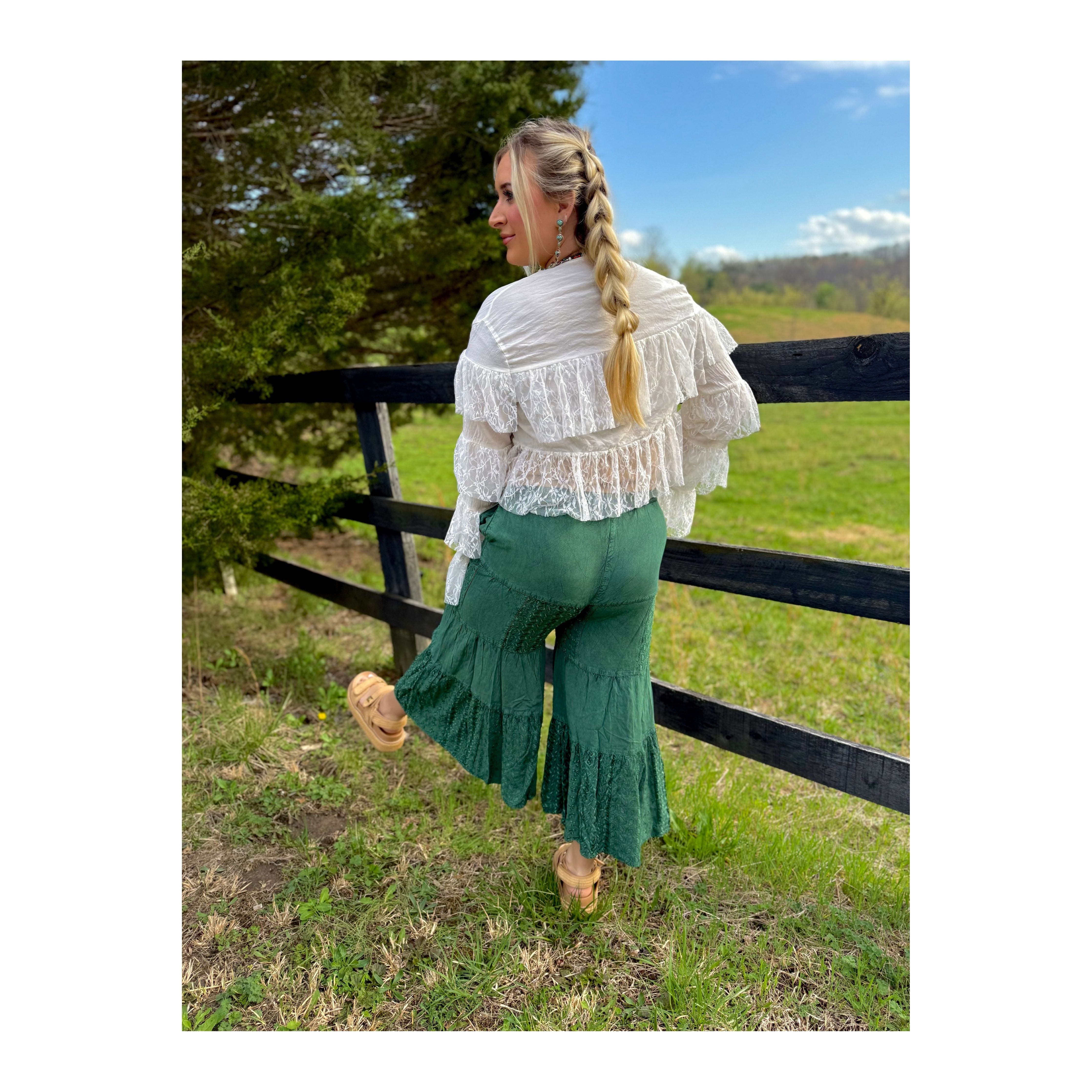 Green Embroidered Tiered Flared Pants
