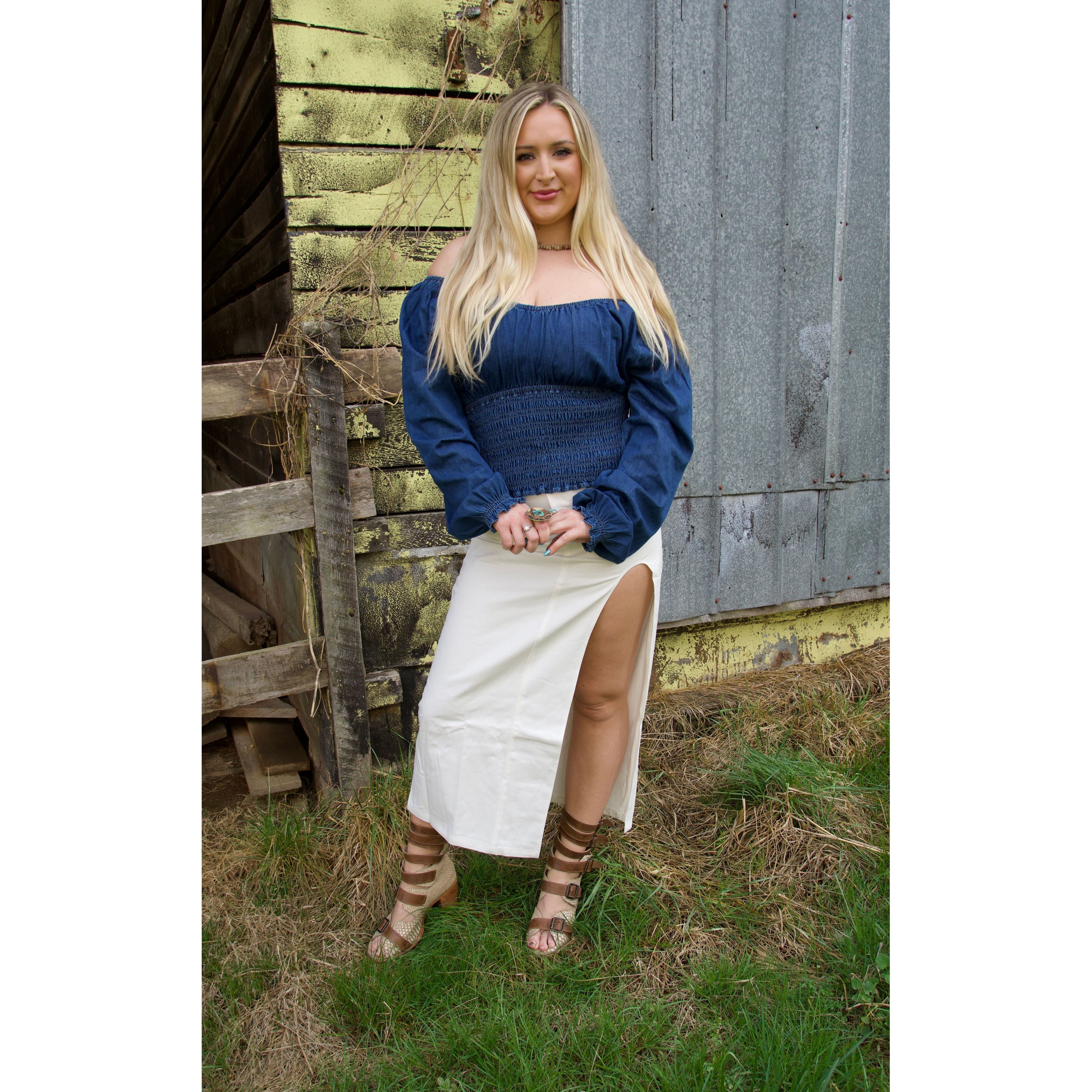 White Denim Skirt with Slit
