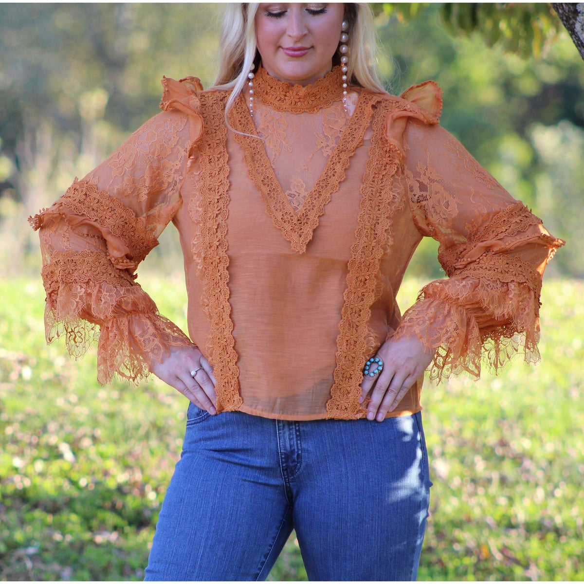 Burnt Orange Lace High-Neck Ruffle Top