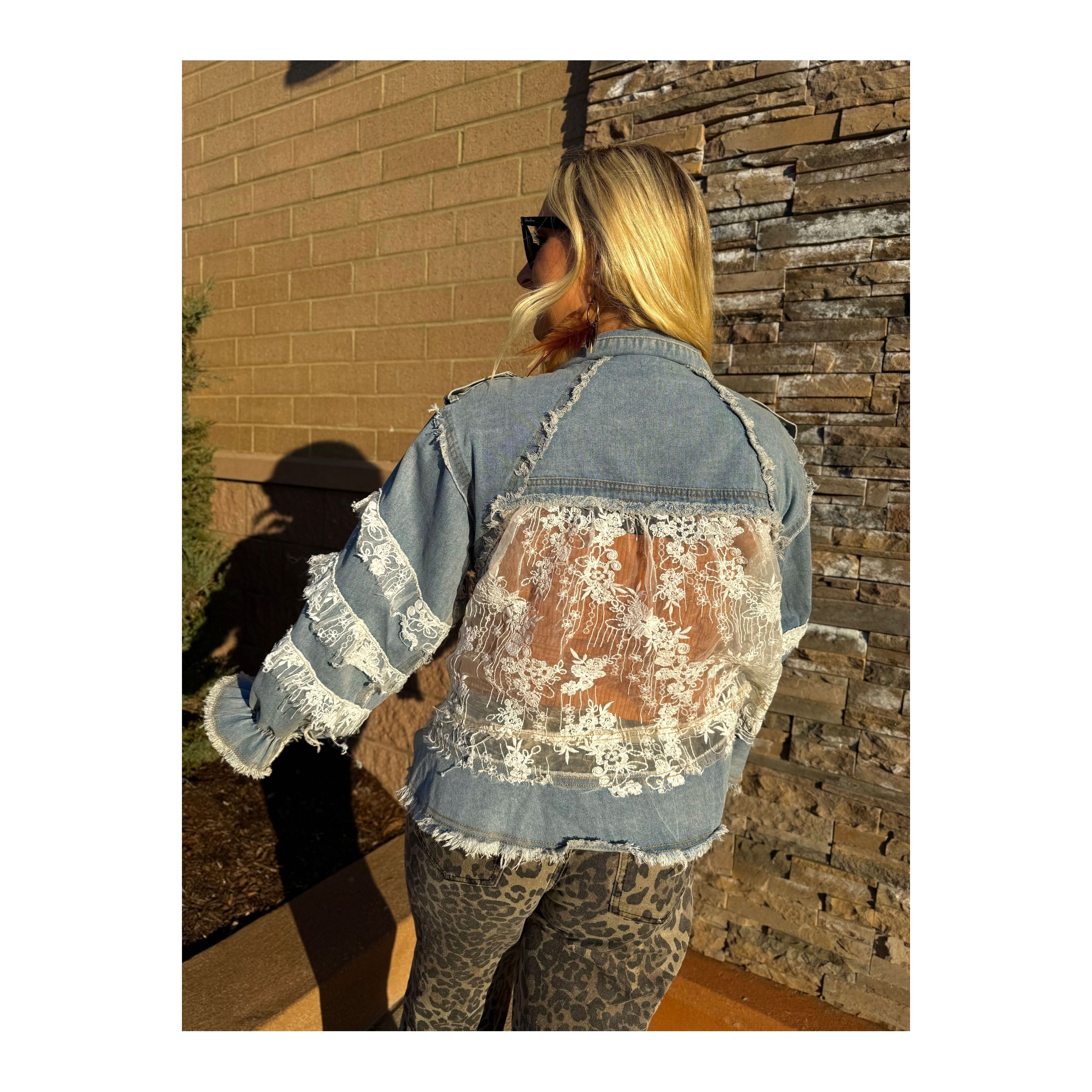 POL: Lainey Lace Trim Ruffle Denim Jacket