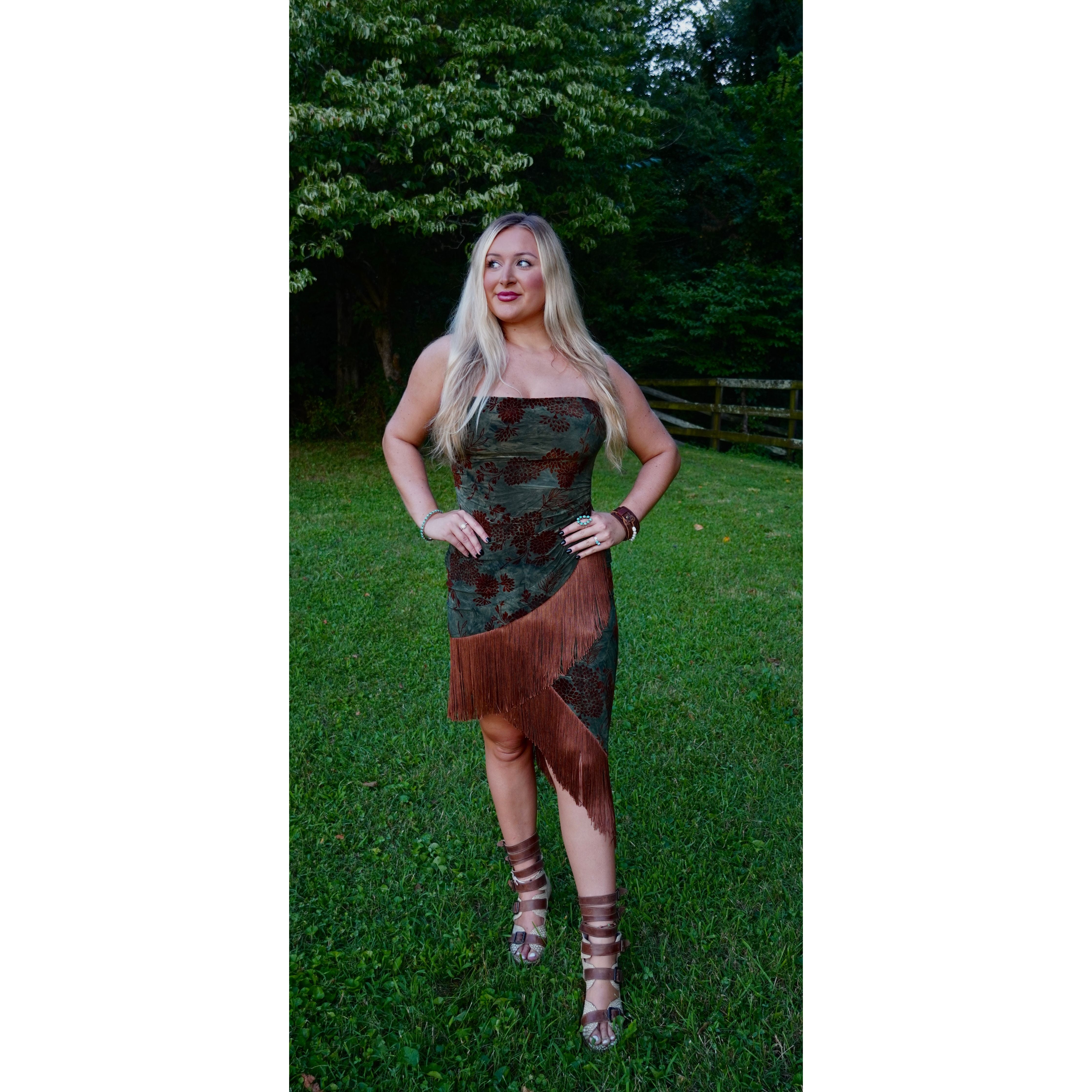 Strapless Asymmetrical Green Floral Velvet Fringe Dress