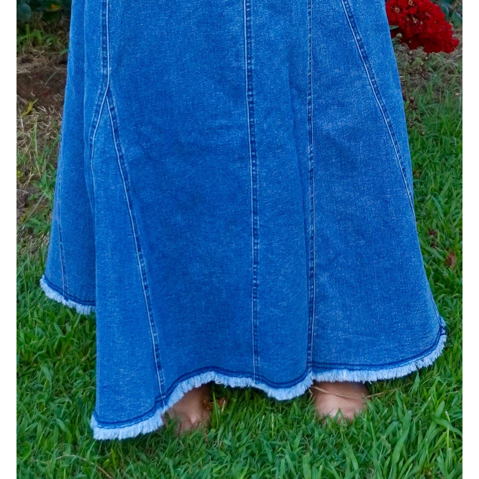 Strapless Denim Raw-Edge Flare Dress