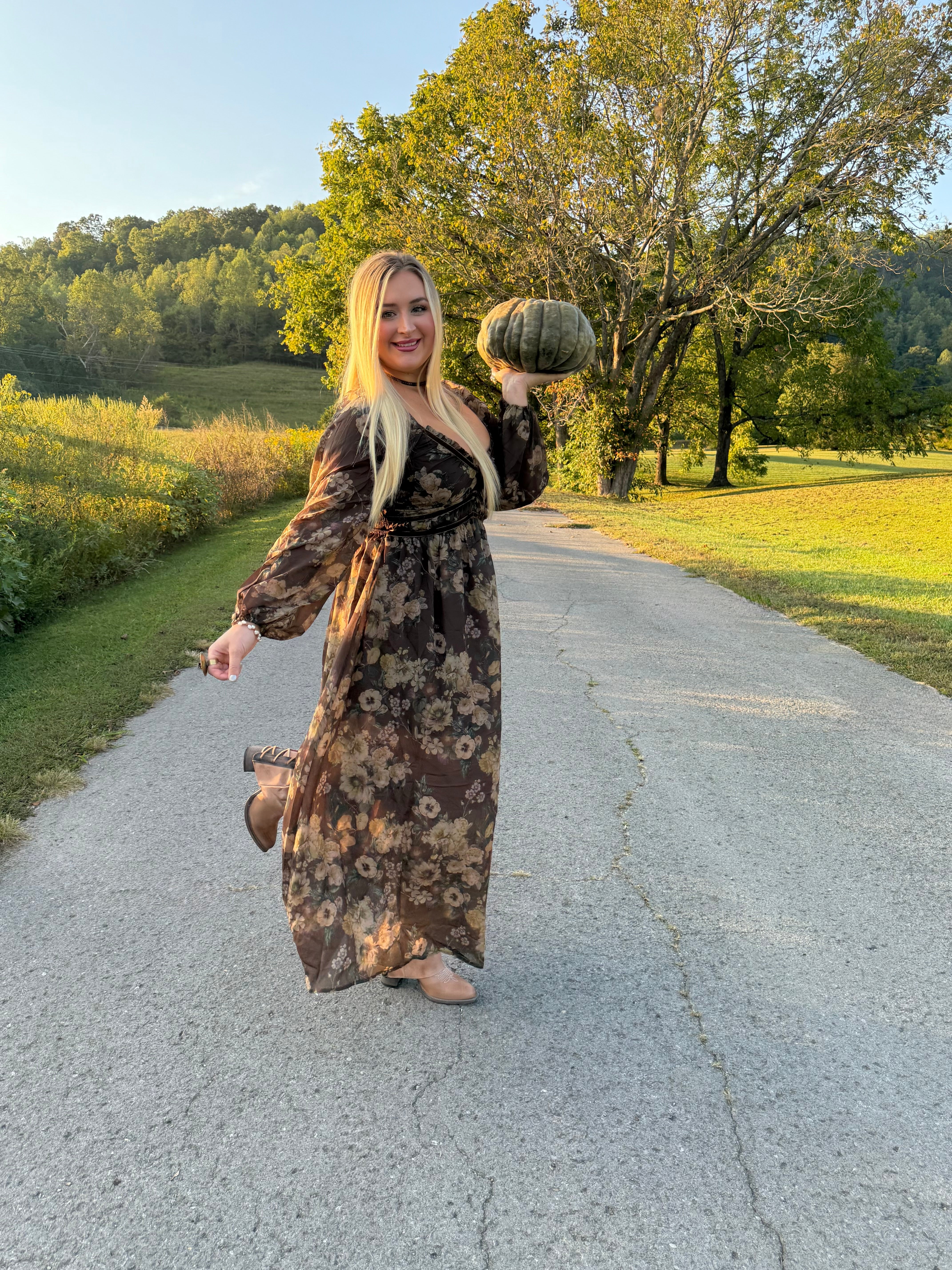 Floral Print Velvet Trimmed Maxi Dress with Slit