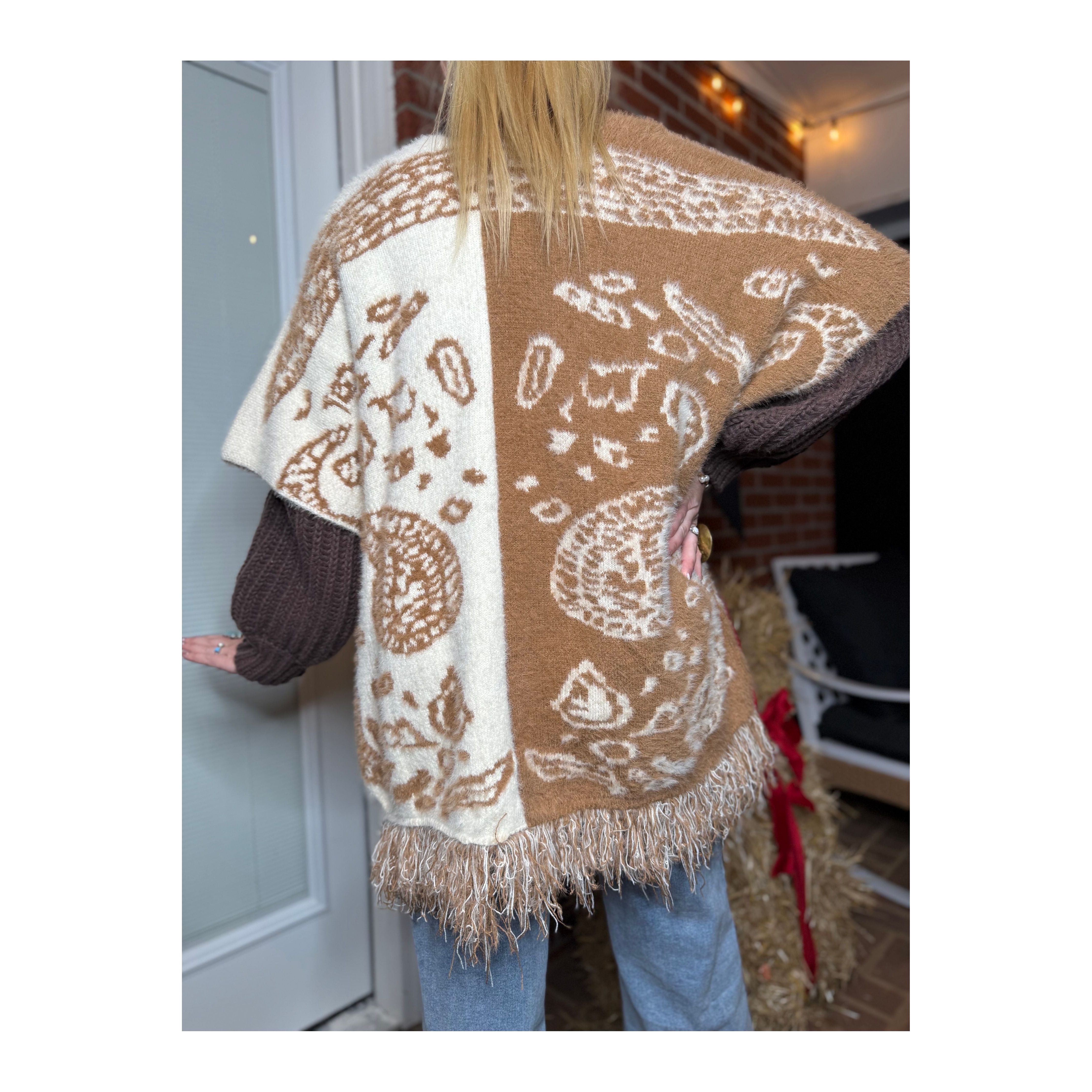 POL: Mocha Paisley Poncho Cardigan Sweater